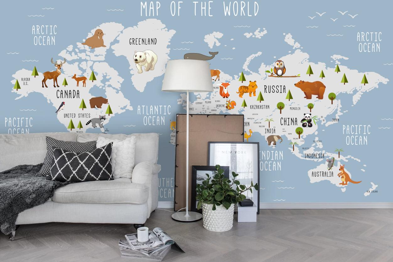 3D Blue World Animal Map Wall Mural Wallpaper LQH 54- Jess Art Decoration