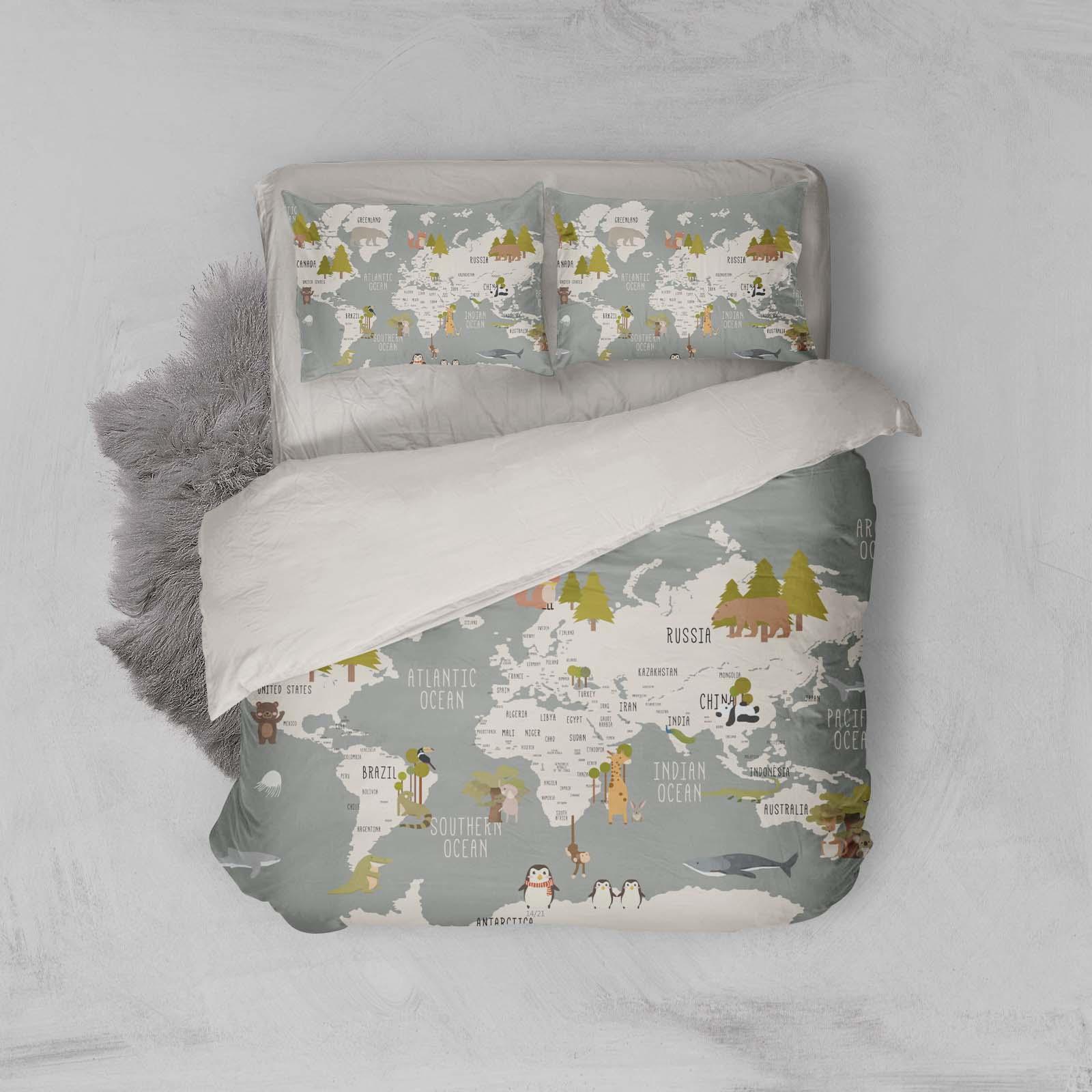3D Green Trees Animal World Map Quilt Cover Set Bedding Set Pillowcases 33- Jess Art Decoration