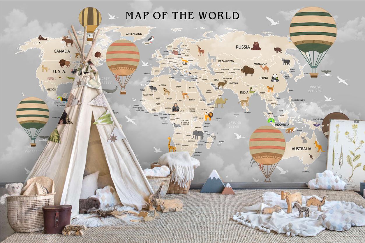 3D World Map Hot Air Balloon Wall Mural Wallpaper LQH 35- Jess Art Decoration