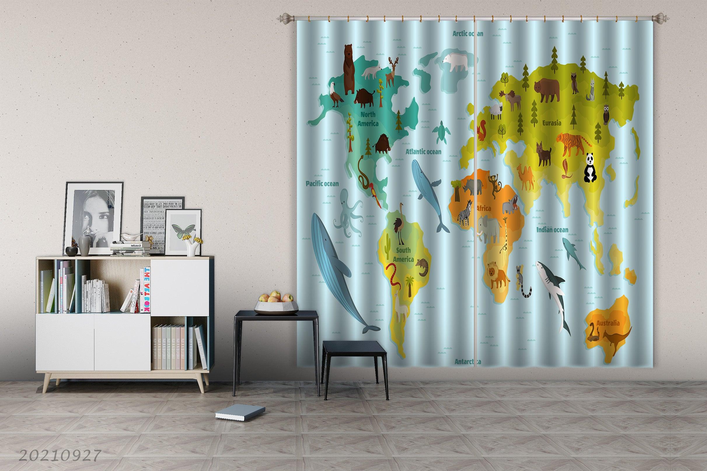 3D Blue World Map Kids Curtains and Drapes LQH 166- Jess Art Decoration