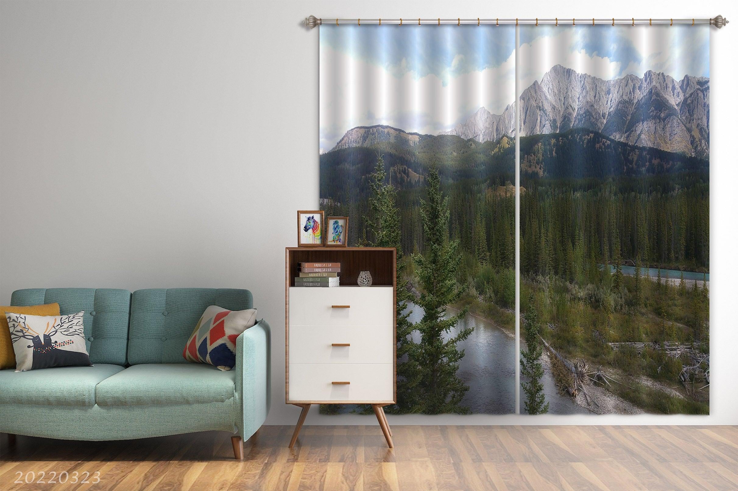 3D Woods River Mountain Landscape Curtains and Drapes GD 2618- Jess Art Decoration