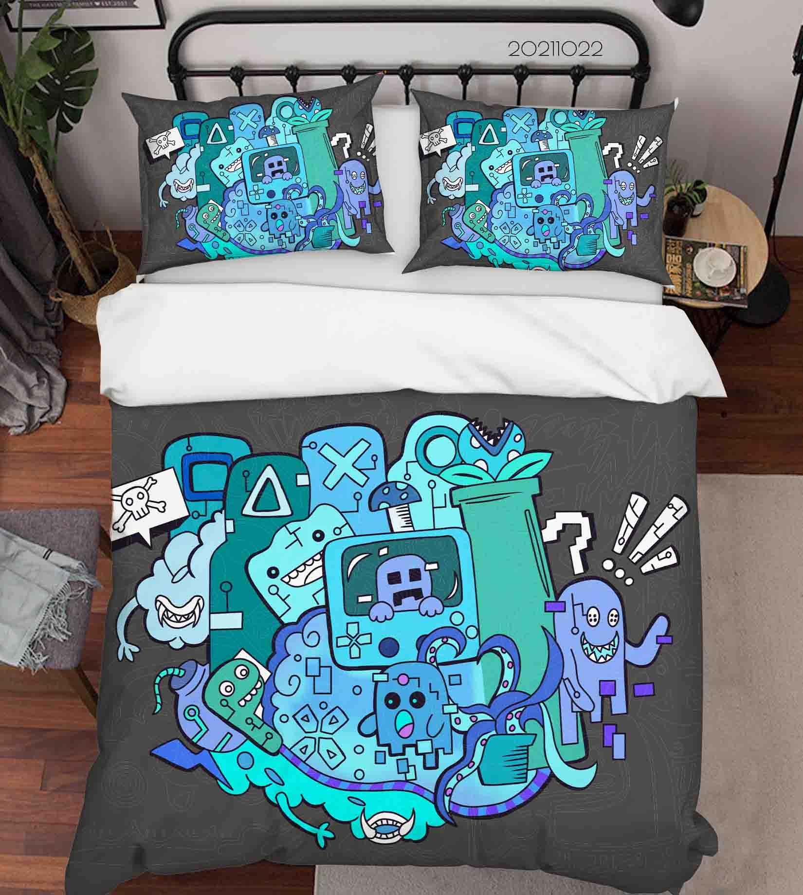 3D Abstract Blue Artistic Monster Graffiti Quilt Cover Set Bedding Set Duvet Cover Pillowcases 85- Jess Art Decoration