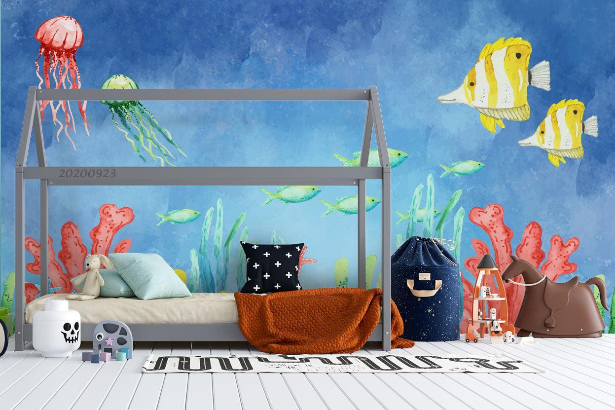 3D Watercolor Ocean World Fishes Wall Mural Wallpaper WJ 3132- Jess Art Decoration