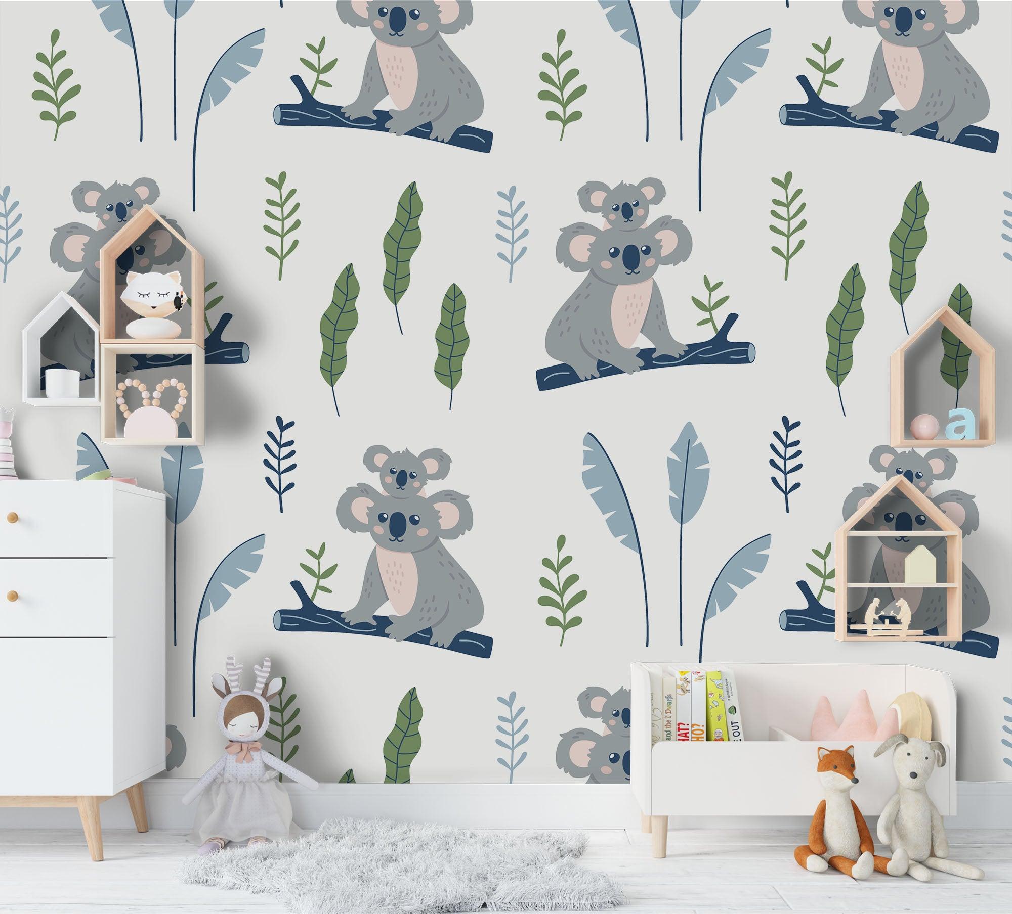 3D Cartoon Koala Leaves Wall Mural Wallpaper A179 LQH- Jess Art Decoration
