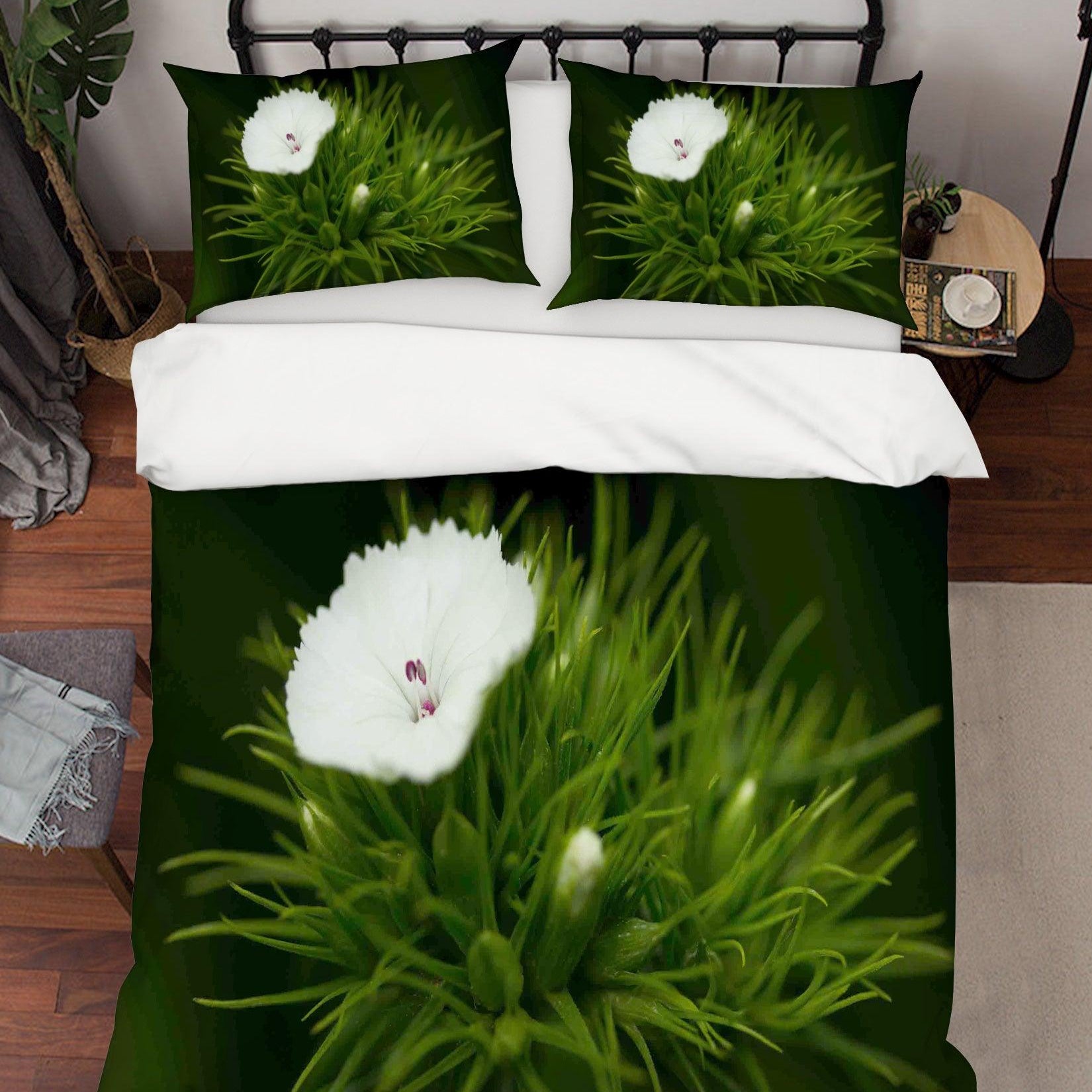 3D White Flowers Green Leaves Quilt Cover Set Bedding Set Duvet Cover Pillowcases LQH A149- Jess Art Decoration