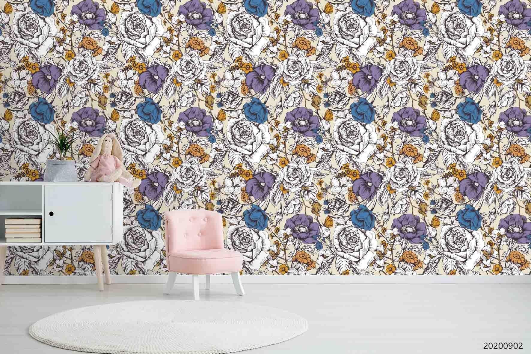 3D Hand Sketching Purple Floral Plant Wall Mural Wallpaper LXL 1318- Jess Art Decoration