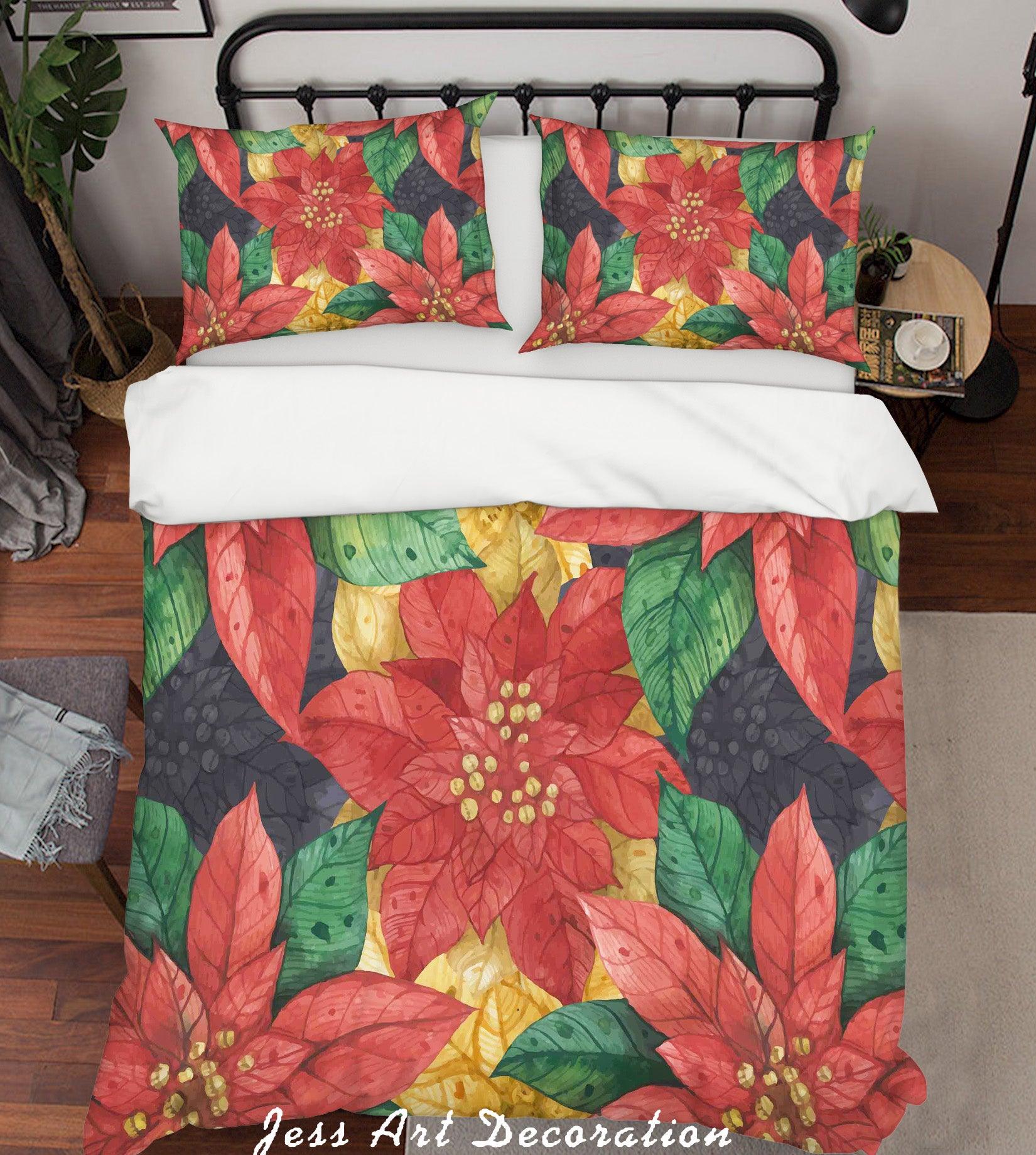 3D Red Flowers Green Leaves Quilt Cover Set Bedding Set Pillowcases 15- Jess Art Decoration