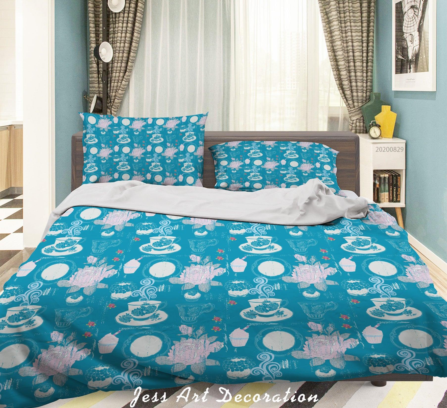 3D Abstract Hand Draw Cartoon Teacup Teapot Floral Pattern Quilt Cover Set Bedding Set Duvet Cover Pillowcases WJ 3572- Jess Art Decoration