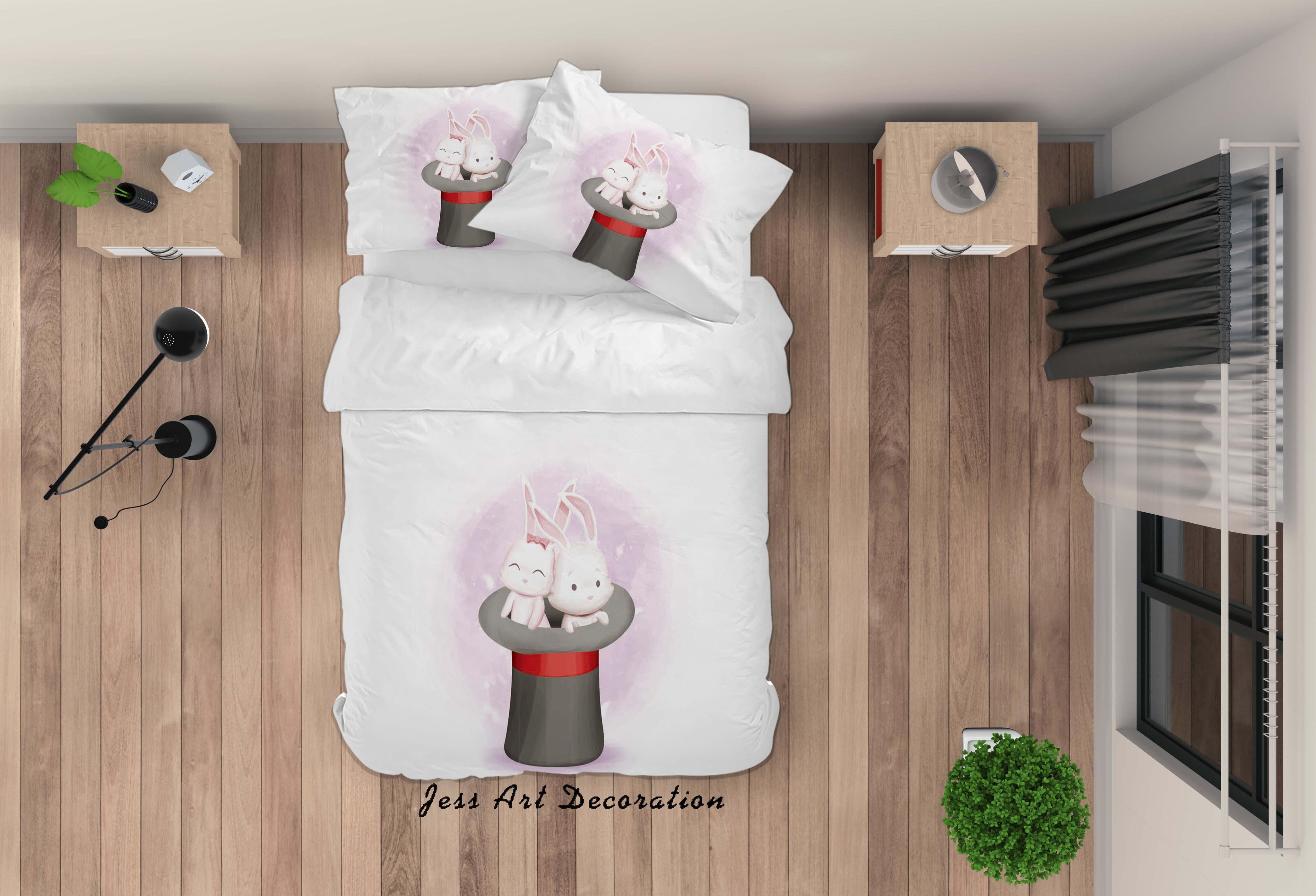 3D White Bowler Hat Rabbit Quilt Cover Set Bedding Set Duvet Cover Pillowcases SF61- Jess Art Decoration