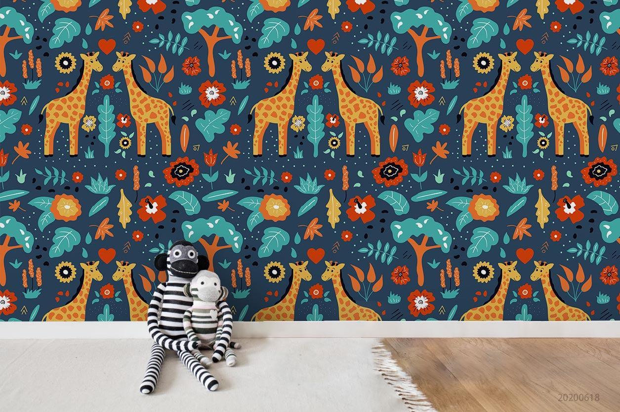 3D Cartoon Giraffe Flower Leaves Wall Mural Wallpaper A111 LQH- Jess Art Decoration