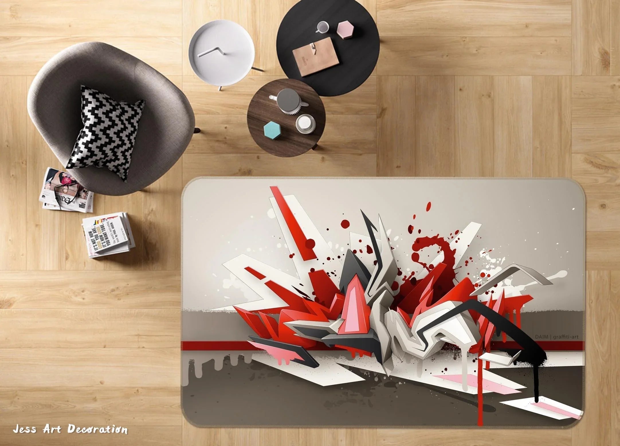3D Abstract Red Graffiti Background Non-Slip Rug Mat A076 LQH- Jess Art Decoration