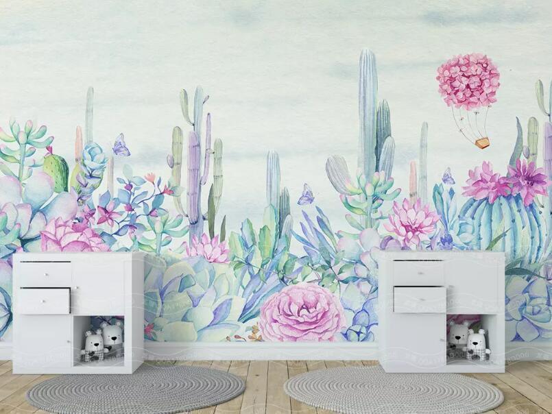 3D Watercolor Succulent Cactus Floral Wall Mural Removable 128- Jess Art Decoration