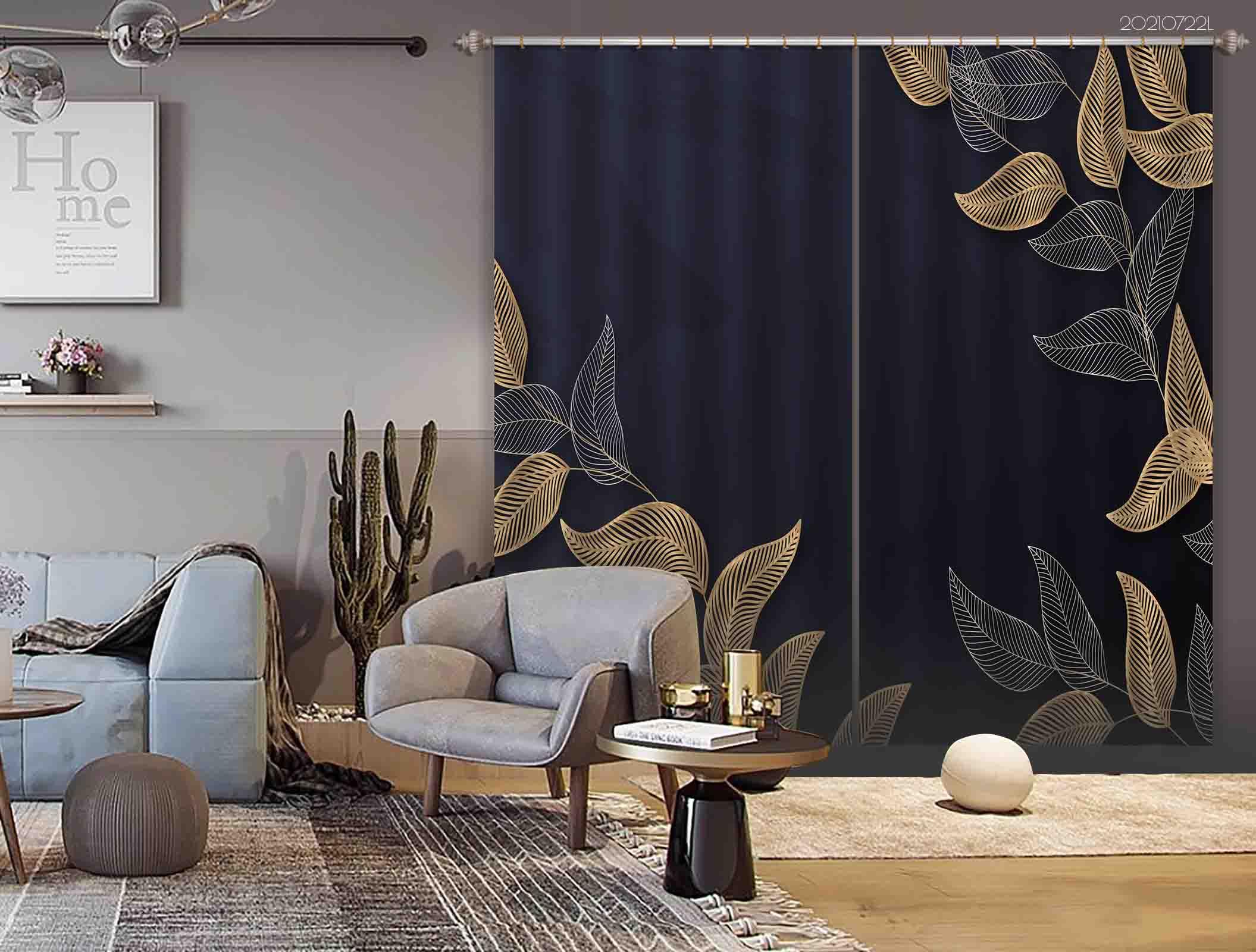 3D Hand Drawn Black Leaf Pattern Curtains and Drapes LQH 126- Jess Art Decoration