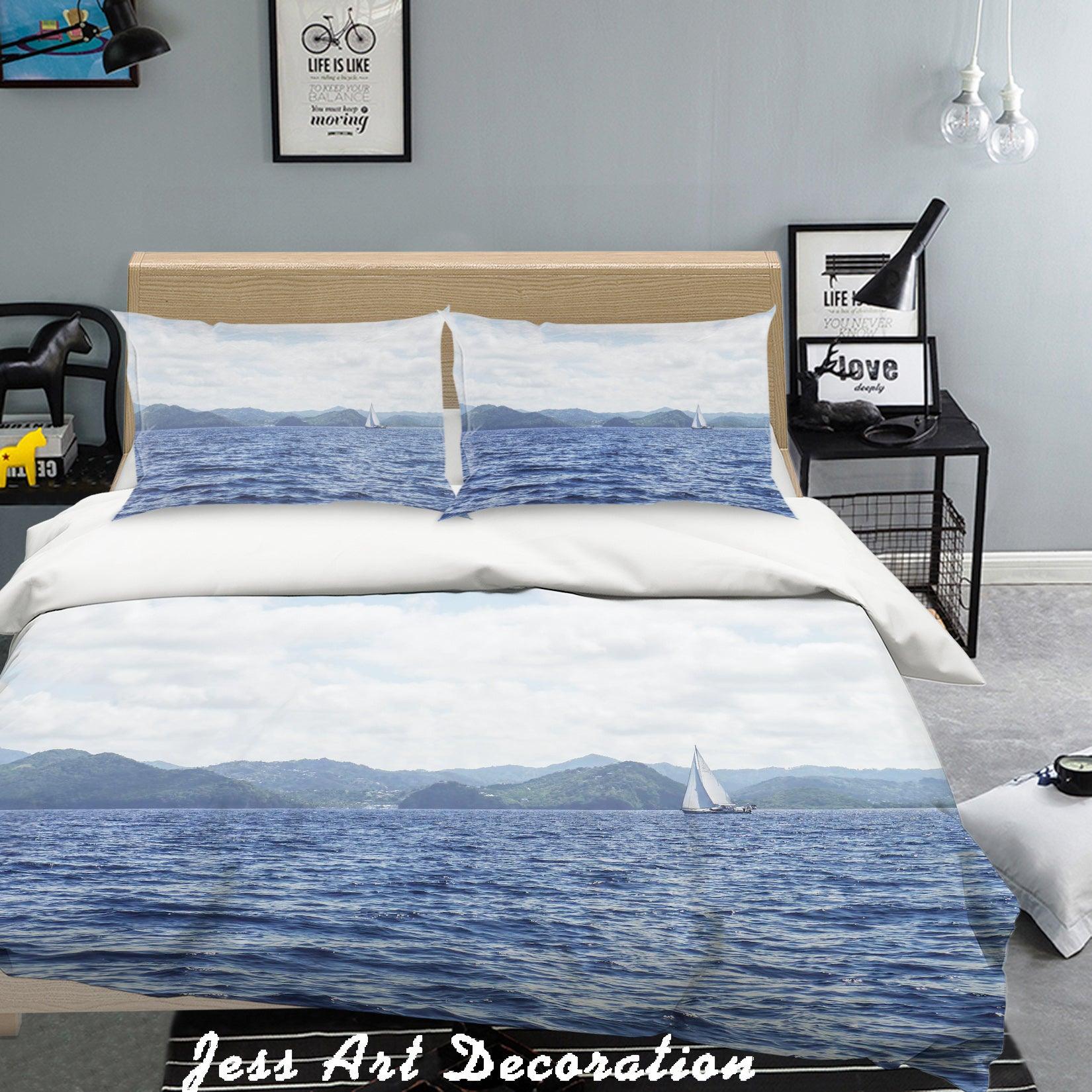 3D  Blue Sea Sailboat Seaside Mountain Quilt Cover Set Bedding Set Pillowcases 70- Jess Art Decoration