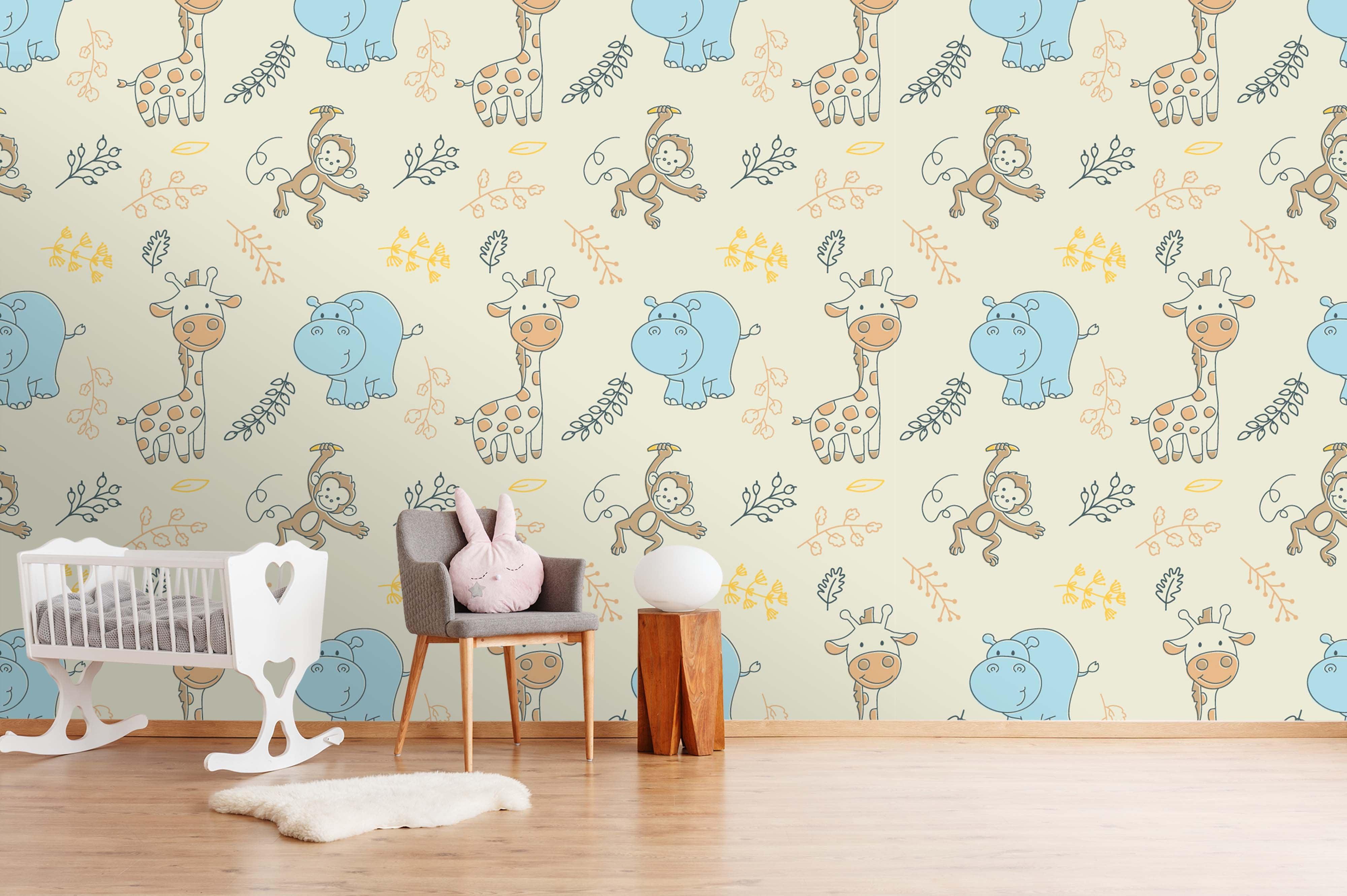 3D cartoon hippo giraffe wall mural wallpaper 08- Jess Art Decoration