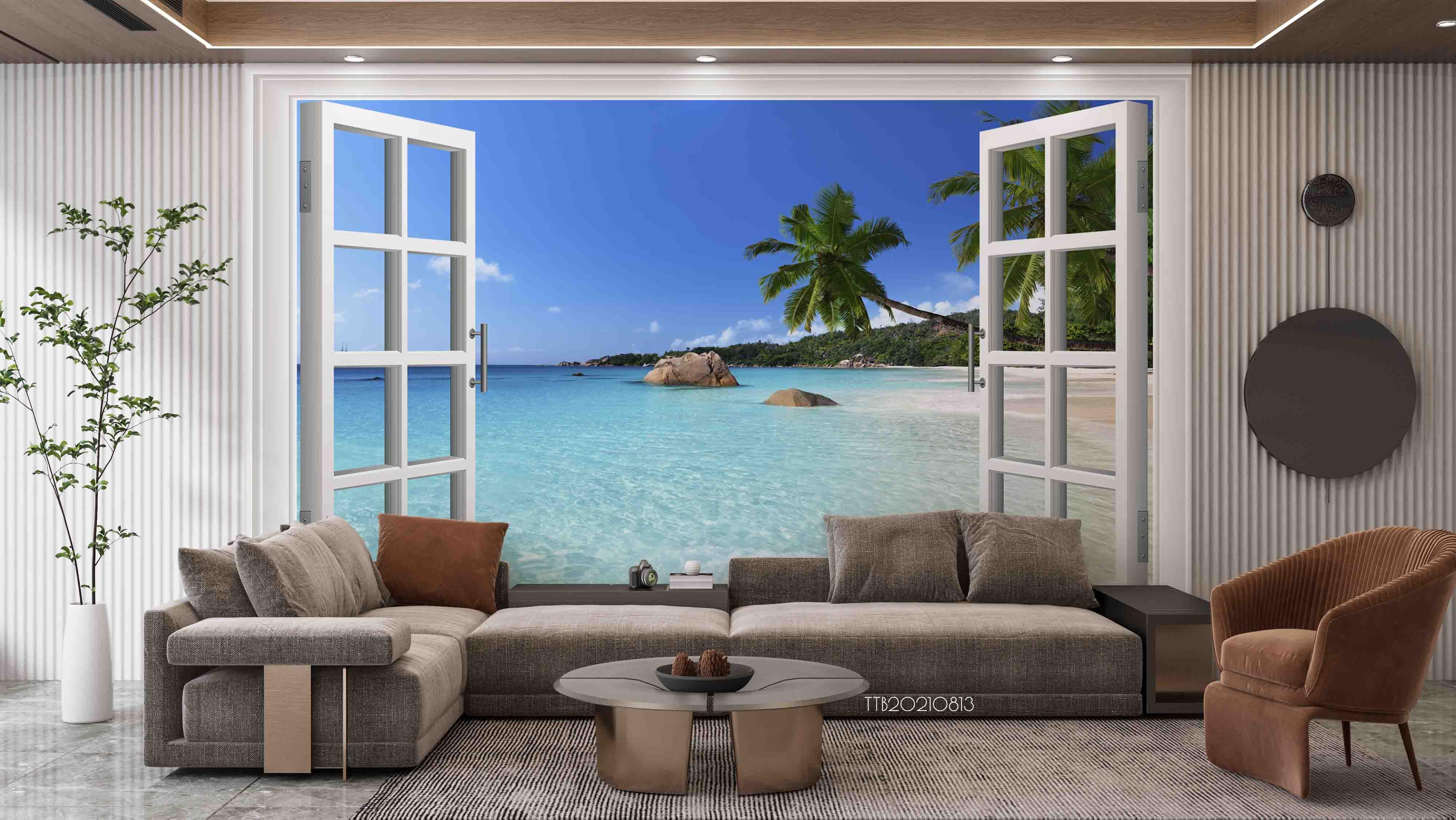 3D Window Sea View Beach Coconut Ttrees Wall Mural Wallpaper 5134- Jess Art Decoration