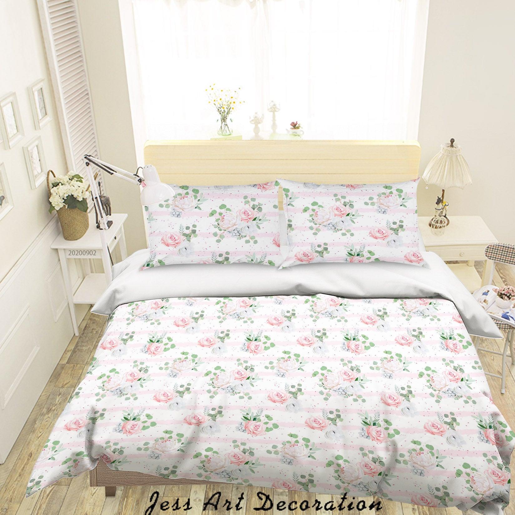 3D Pink Rose FLowers Leaves Pattern Quilt Cover Set Bedding Set Duvet Cover Pillowcases WJ 1445- Jess Art Decoration