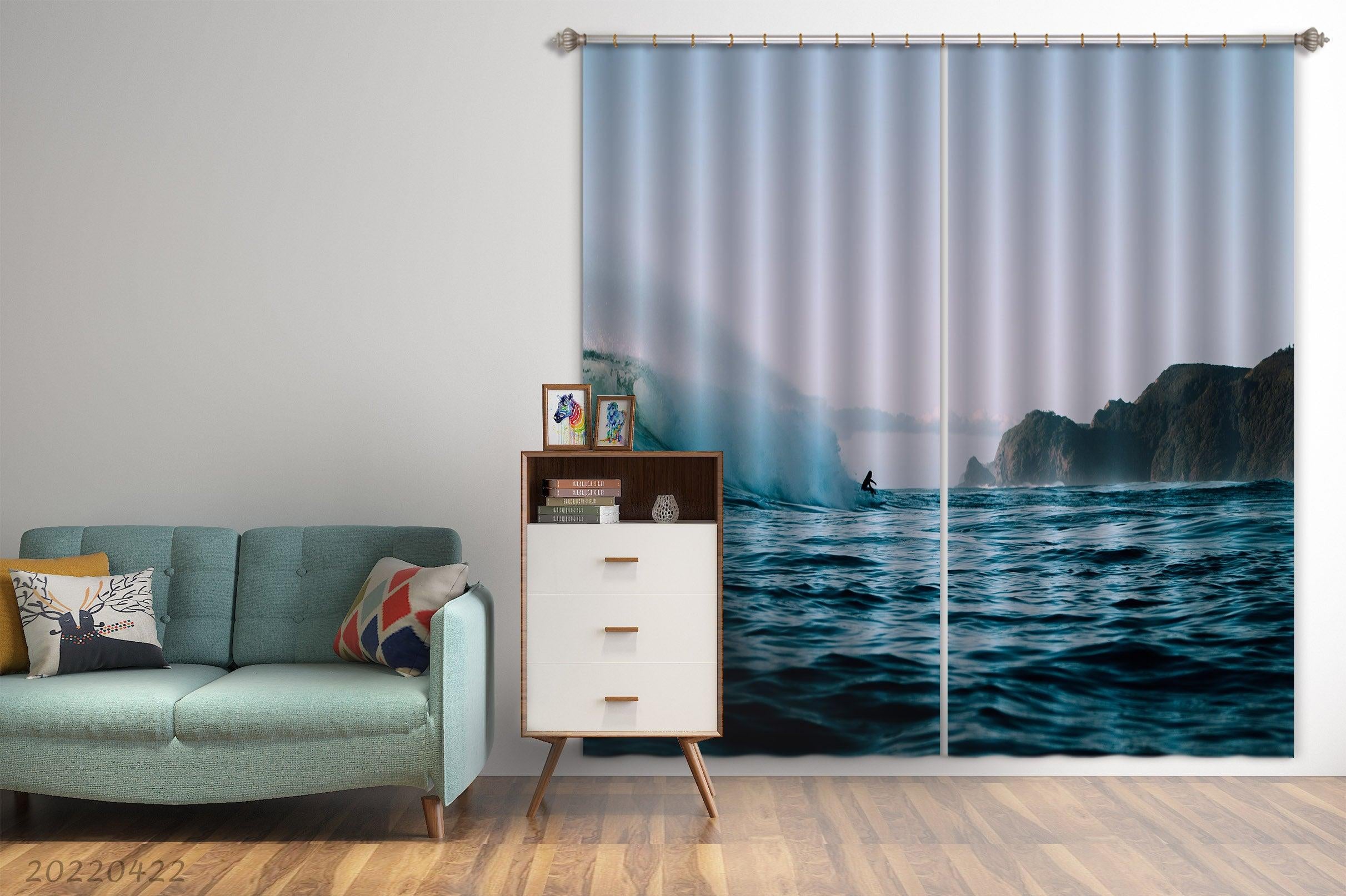 3D Ocean Big Wave Surfer People Mountain Cloud Curtains and Drapes GD 4185- Jess Art Decoration