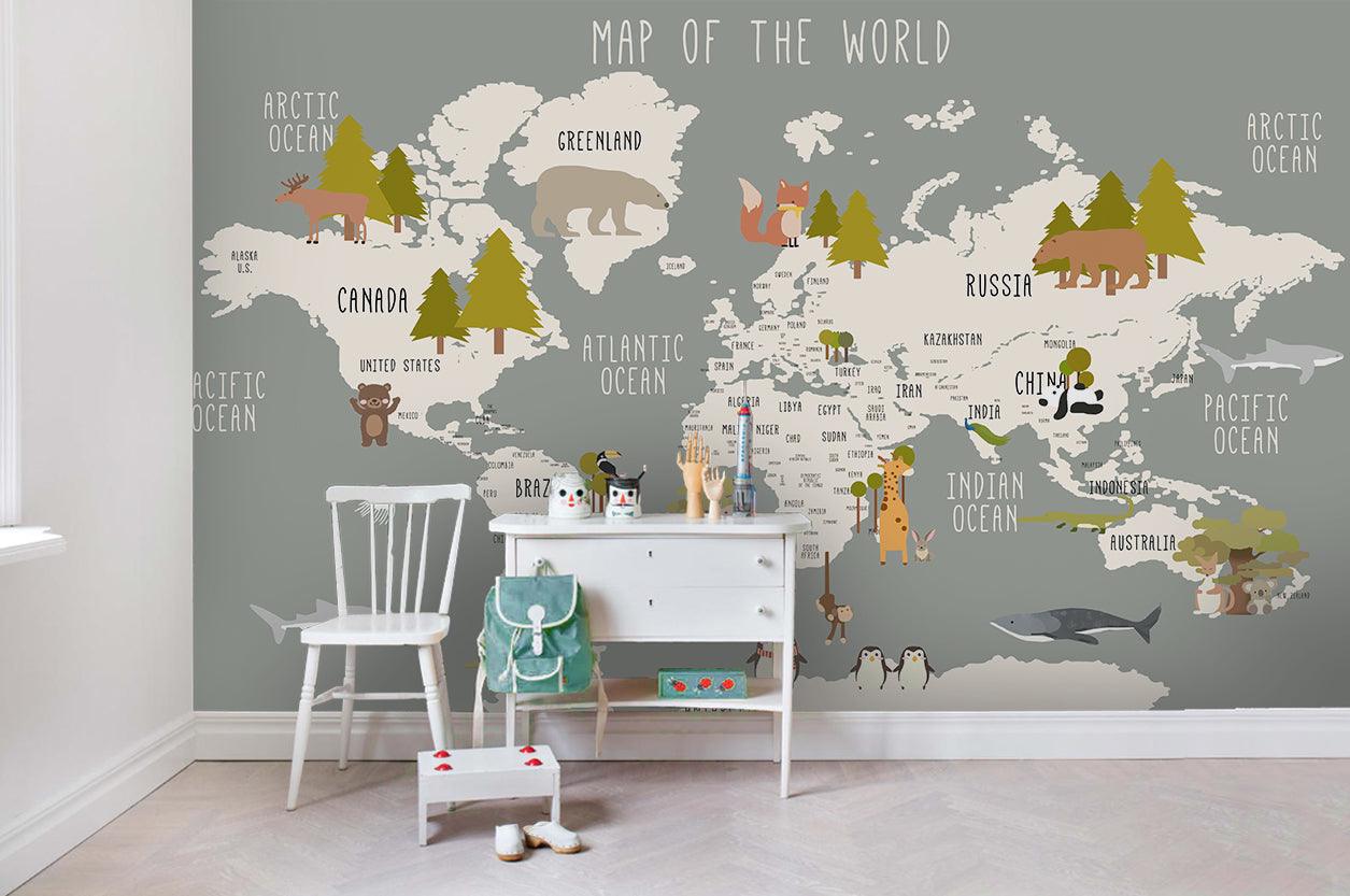 3D Cartoon Grey Forest World Map Wall Mural Wallpaper LQH 99- Jess Art Decoration