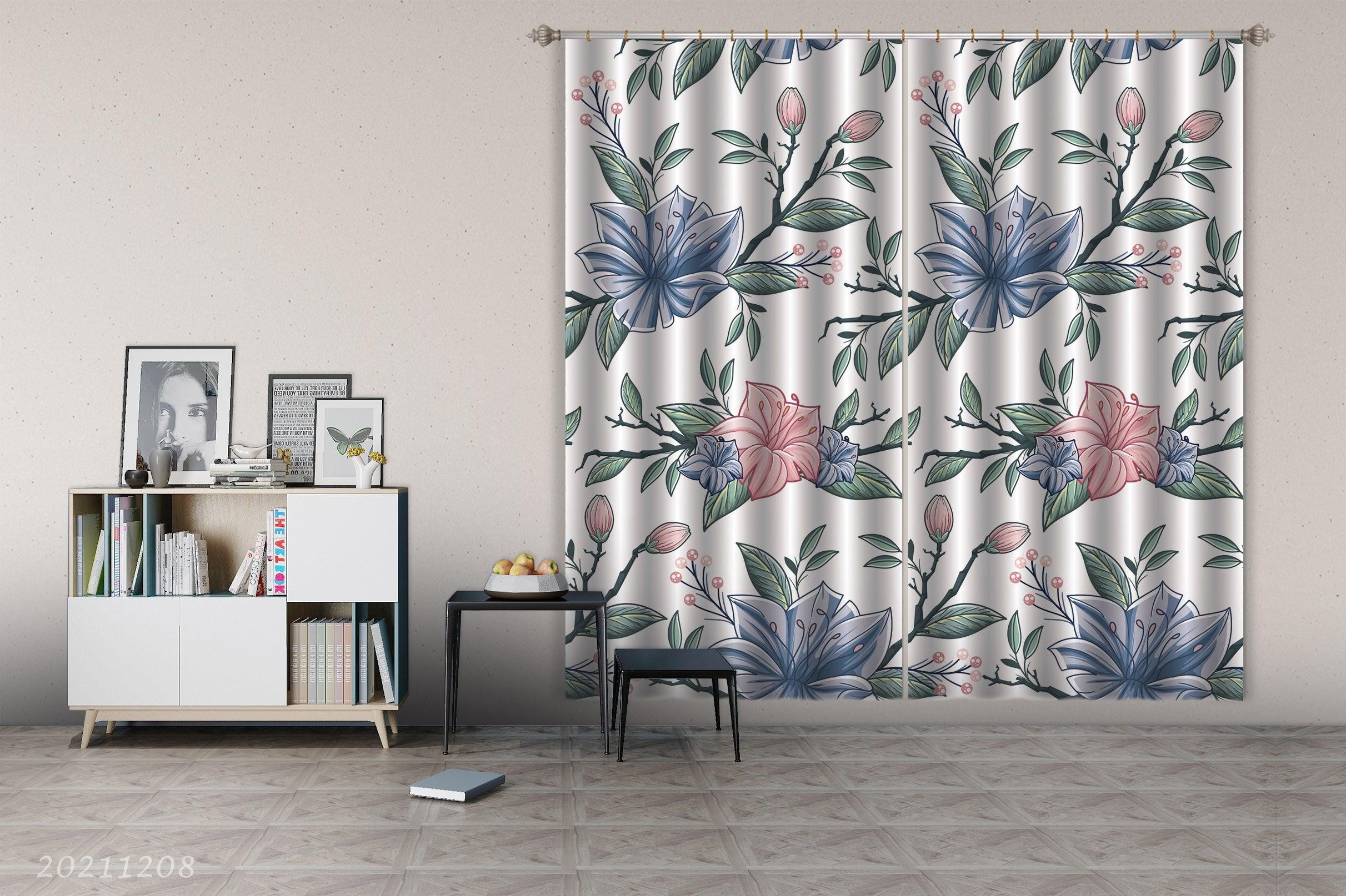 3D Hand Drawn Floral Blue Curtains and Drapes LLL 696- Jess Art Decoration