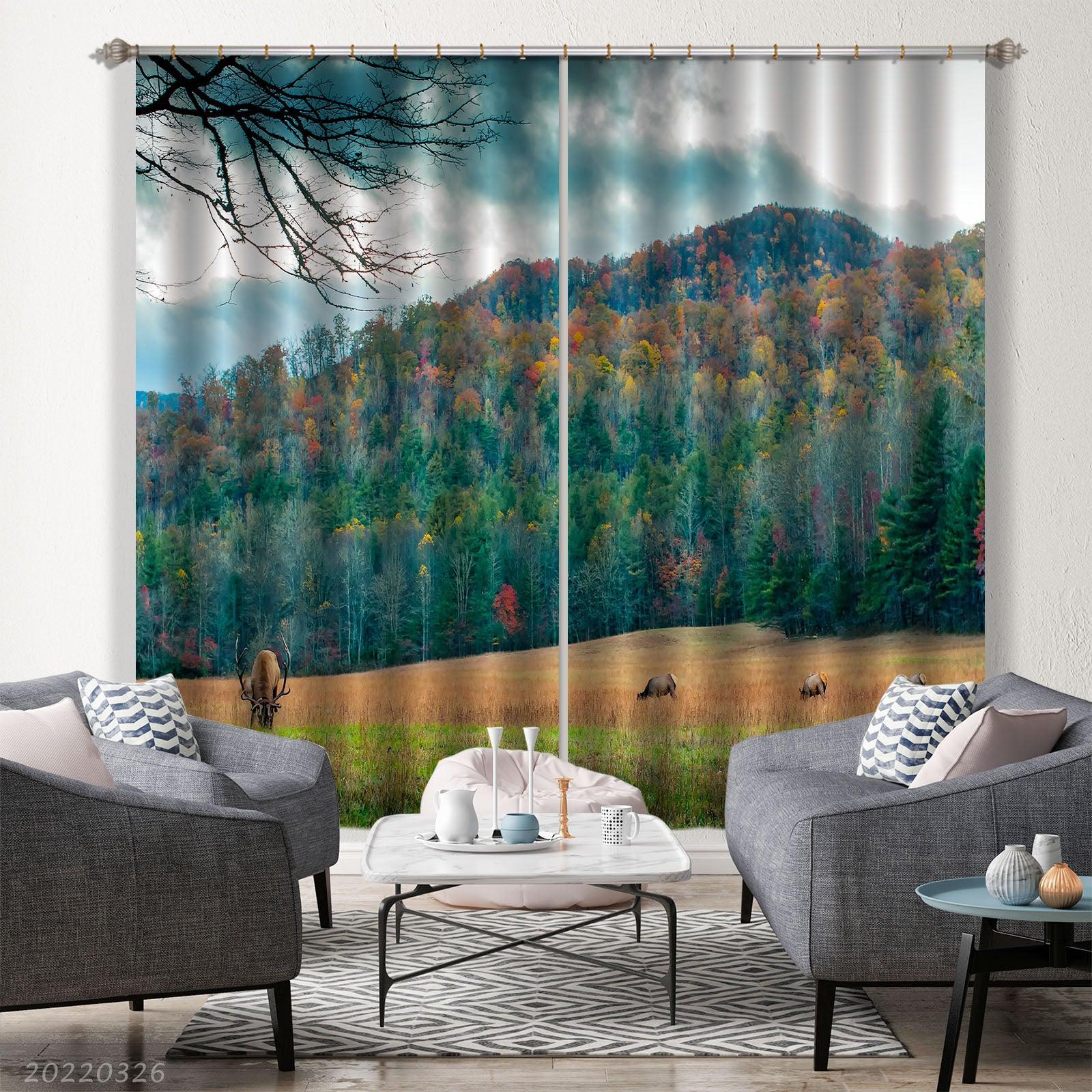 3D Landscape Mountain Forest Meadow Elk Curtains and Drapes GD 3003- Jess Art Decoration