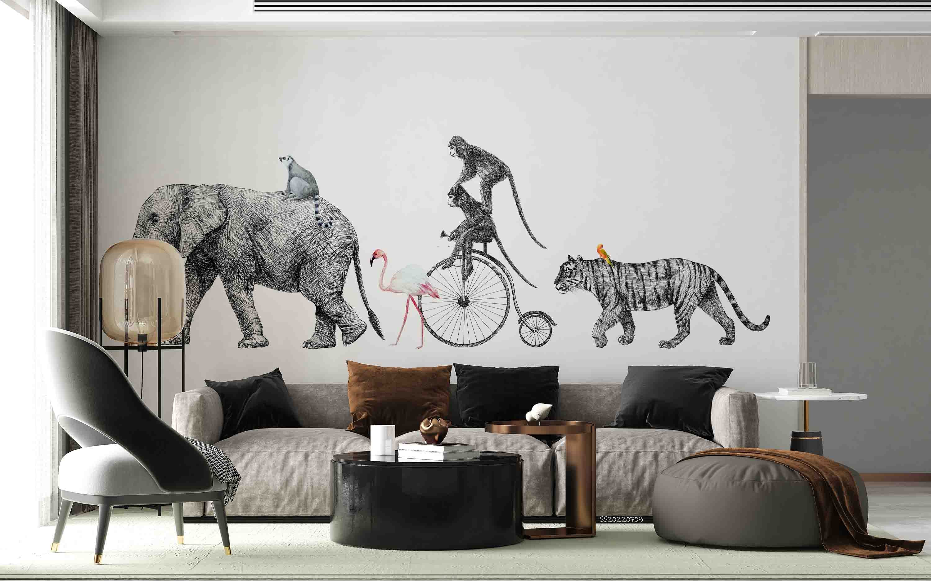 3D Safari Elephant Tiger Monkey Flamingo Bike Wall Mural Wallpaper GD 1030- Jess Art Decoration