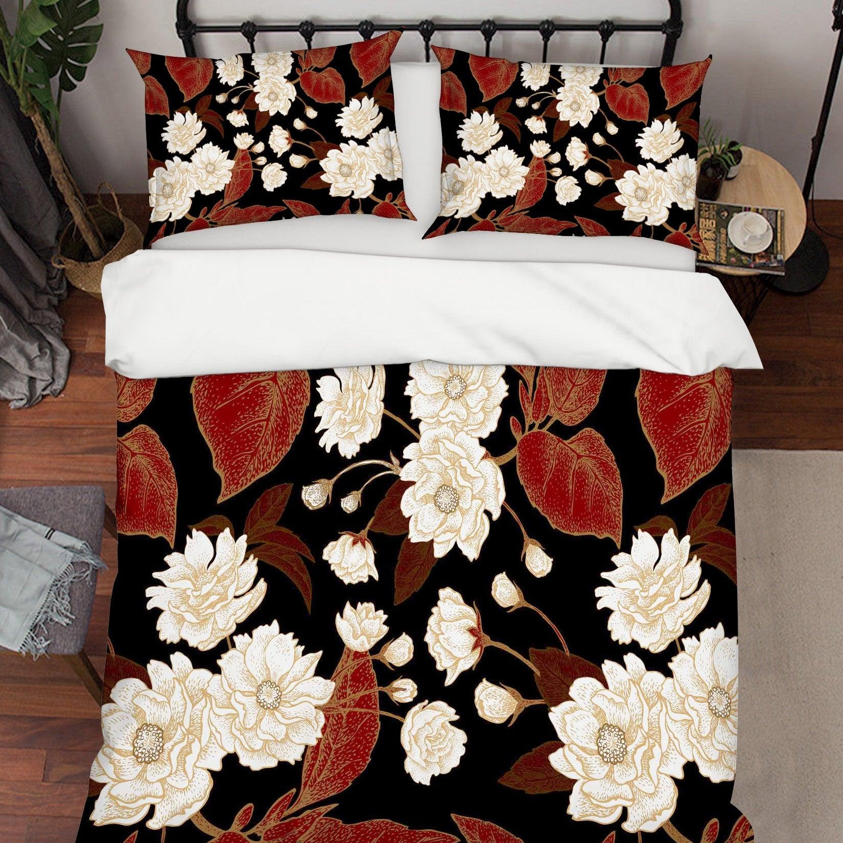 3D White Floral Red Leaves Quilt Cover Set Bedding Set Pillowcases 14- Jess Art Decoration