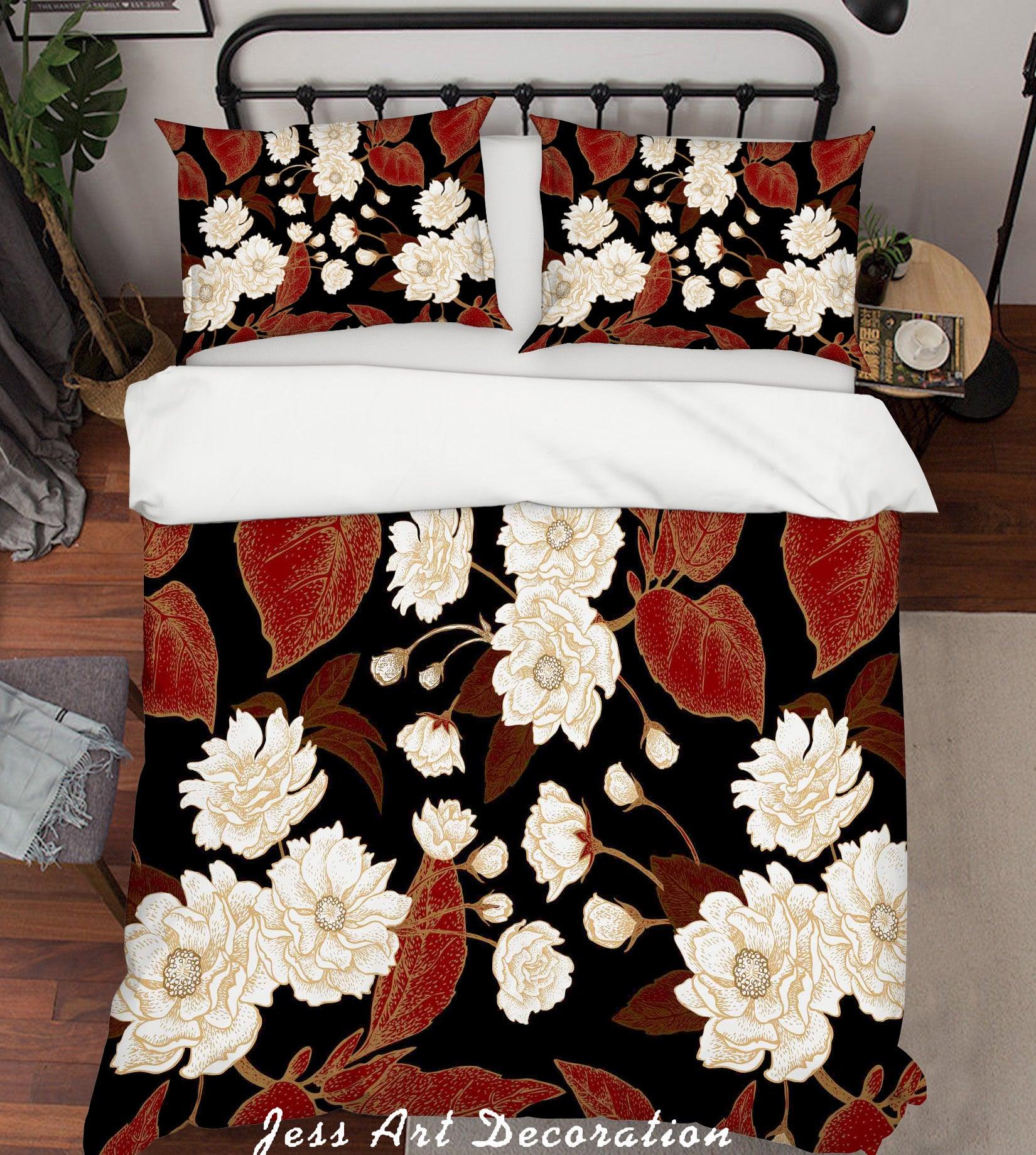 3D White Floral Red Leaves Quilt Cover Set Bedding Set Pillowcases 14- Jess Art Decoration