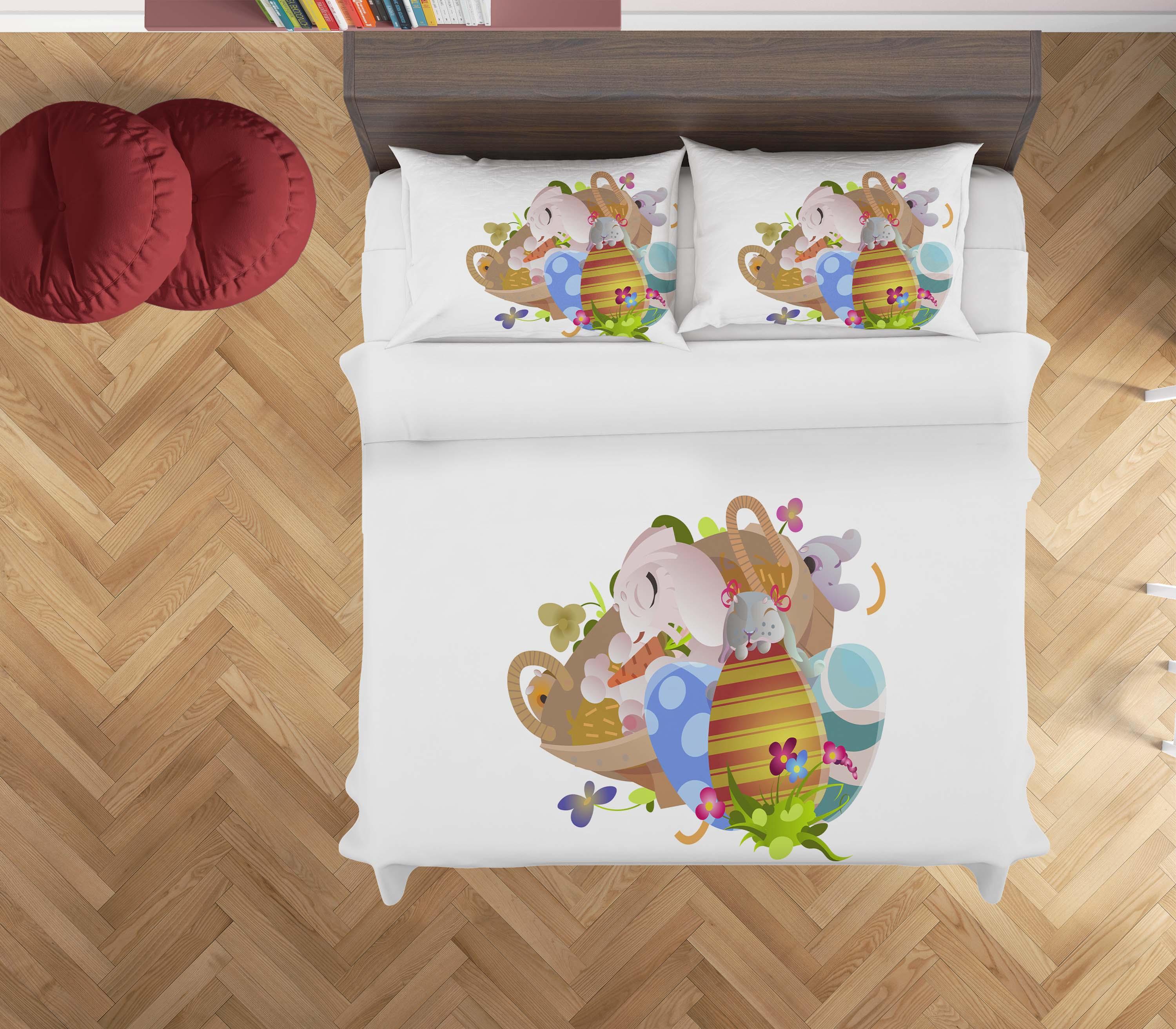 3D White Rabbit Basket Floral Eggs Quilt Cover Set Bedding Set Duvet Cover Pillowcases SF36- Jess Art Decoration