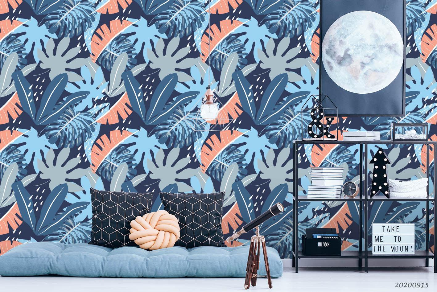 3D Hand Drawn Blue Leaves Plant Pattern Wall Mural Wallpaper LXL- Jess Art Decoration