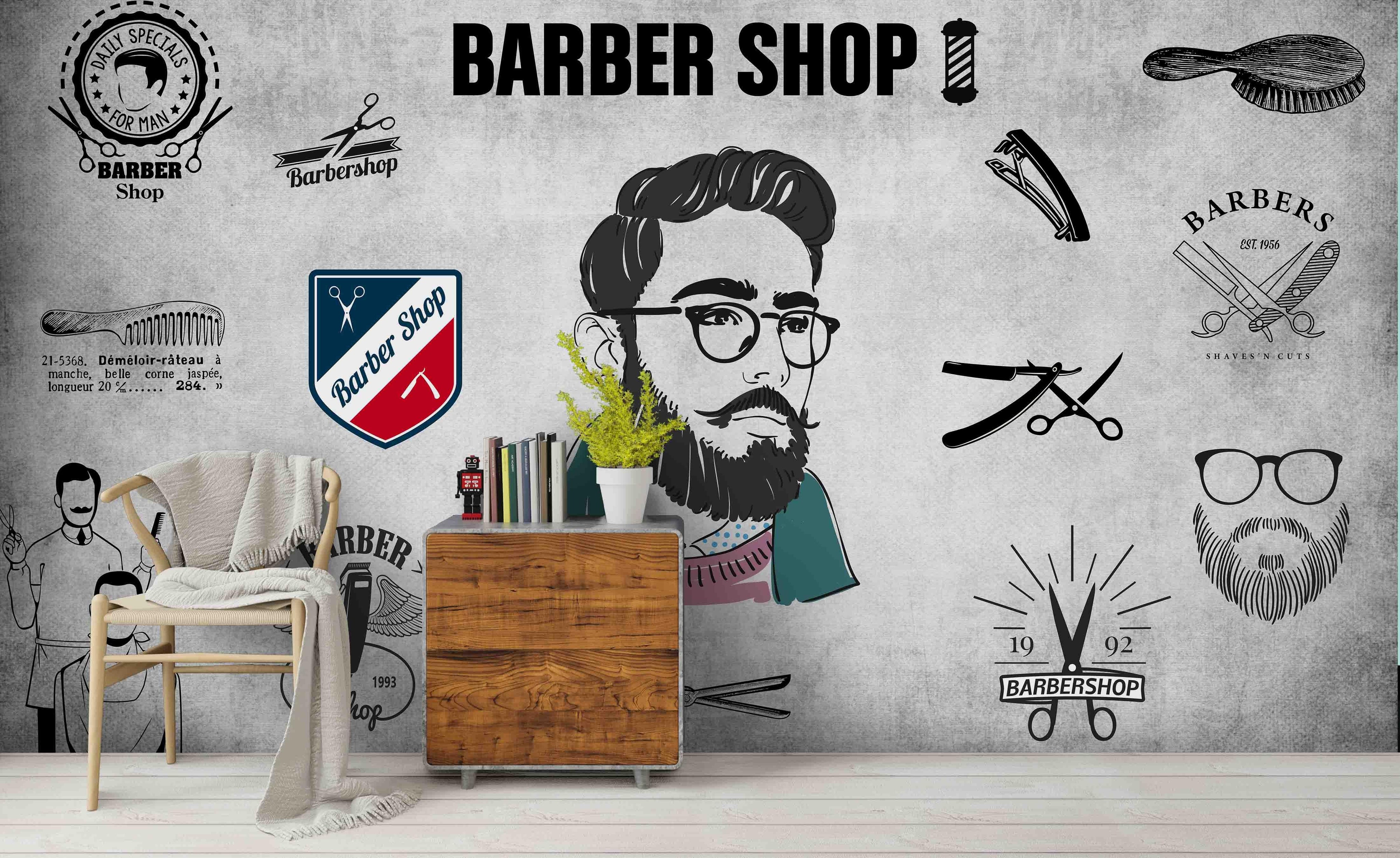 3D Barber Shop Photo Wall Mural Wallpaper 113- Jess Art Decoration