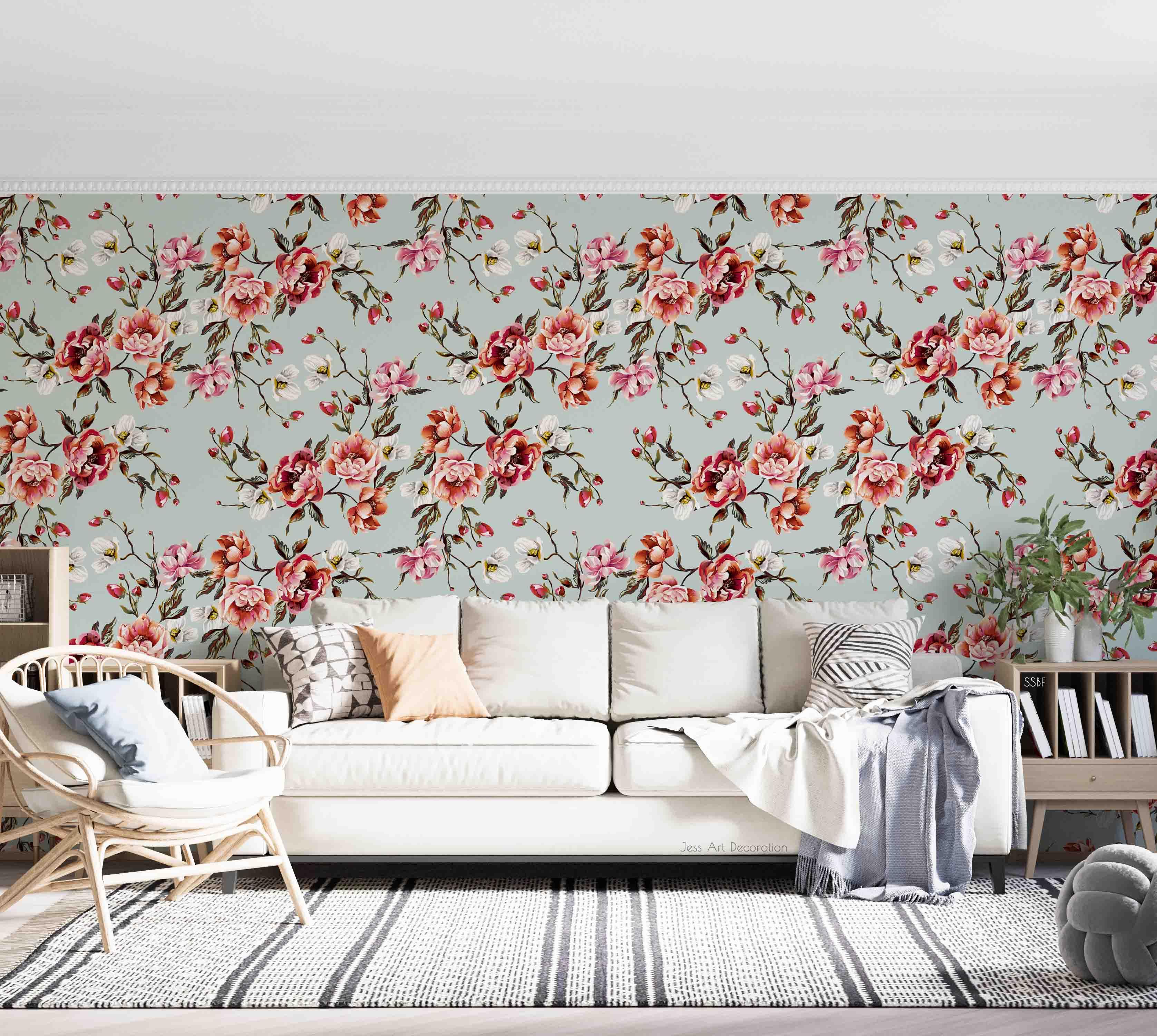 3D Vintage Baroque Art Blooming Pink Peony Blue Background Wall Mural Wallpaper GD 3574- Jess Art Decoration