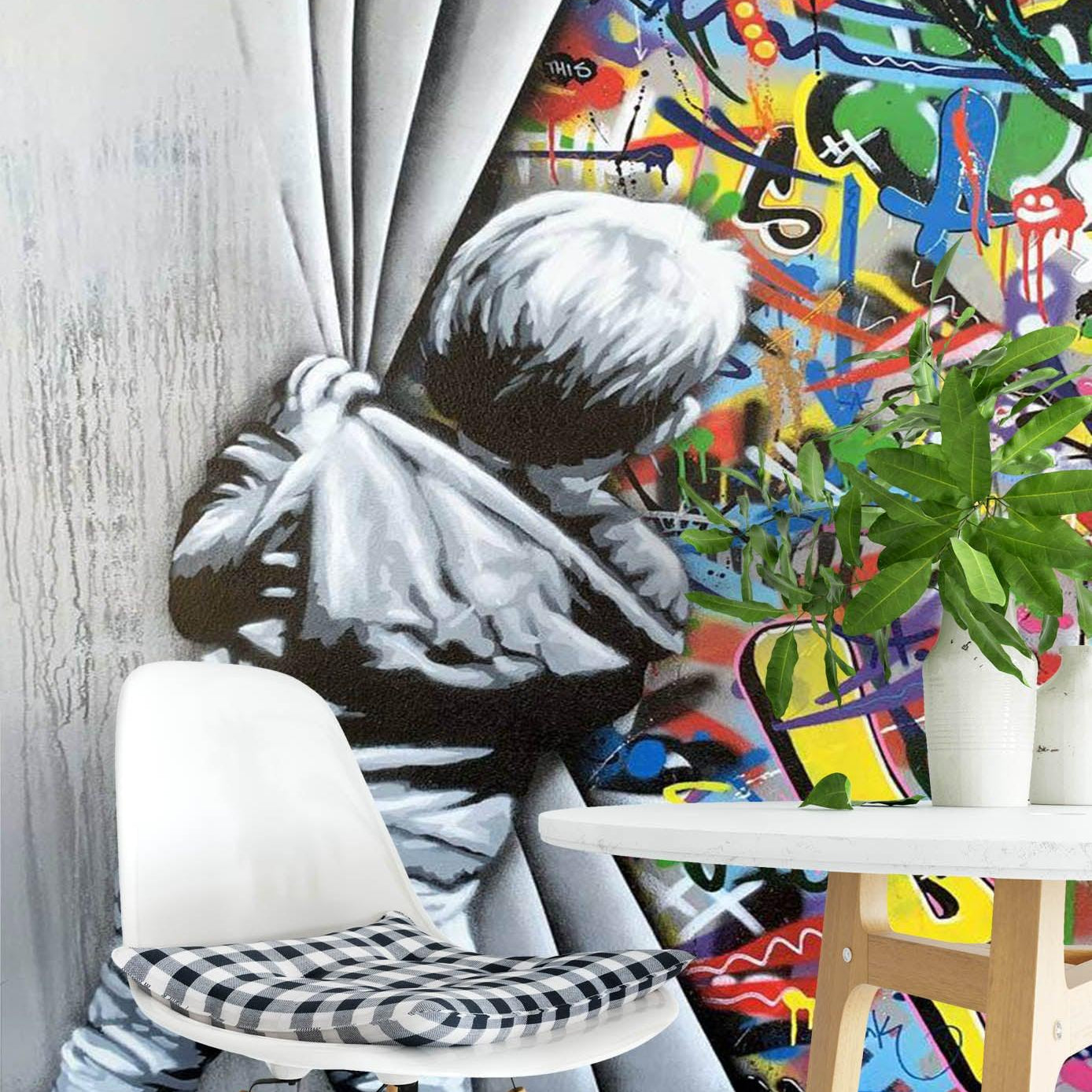 3D Boy Curtain Colourful World Banksy Mural Wall Mural Wallpaper ZY D99- Jess Art Decoration