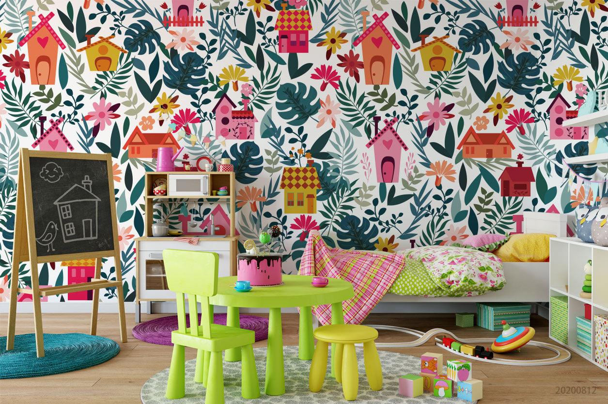 3D Cartoon Colorful Floral House Green Leaves Wall Mural Wallpaper LXL 1123- Jess Art Decoration
