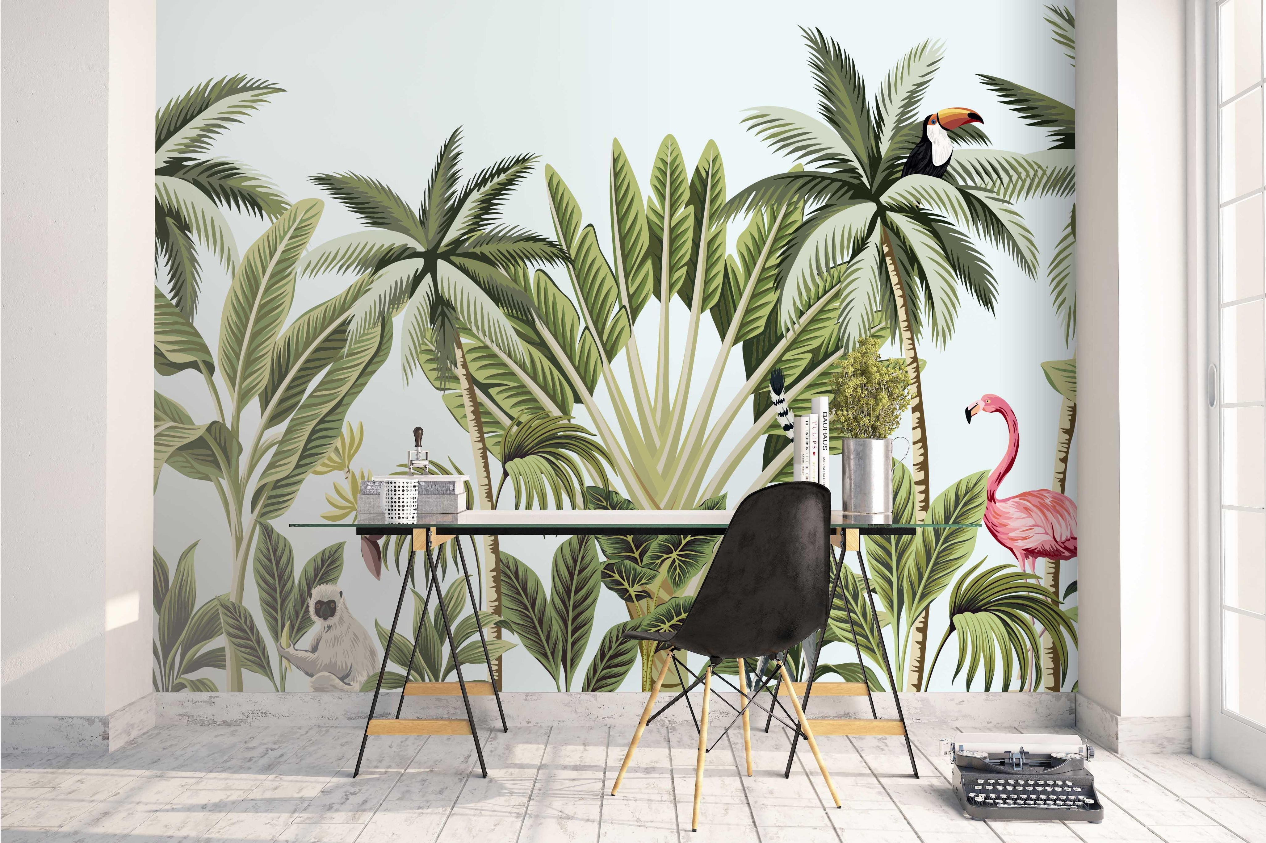 3D palm tree monkey flamingo wall mural wallpaper 05- Jess Art Decoration