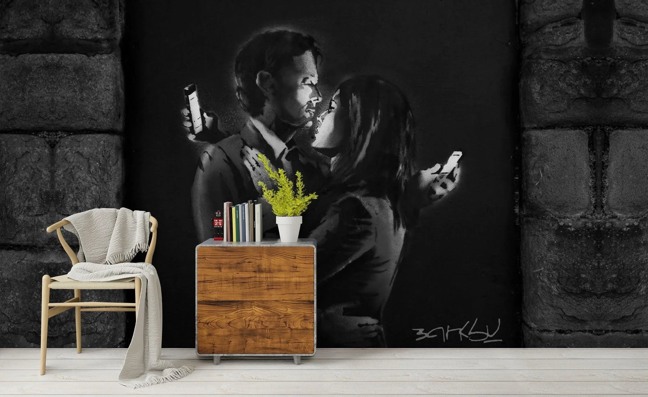 3D Dark Banksy Mural Lover Phone Hug Together Wall Mural Wallpaper ZY D128- Jess Art Decoration