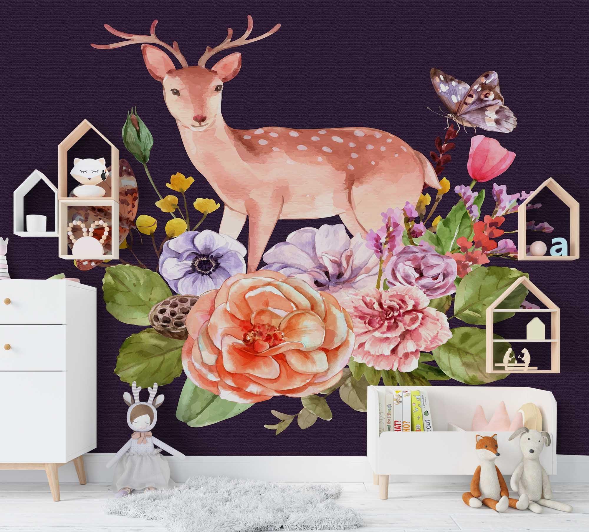 3D Watercolor Elk Floral Wall Mural Wallpaper sww 308- Jess Art Decoration