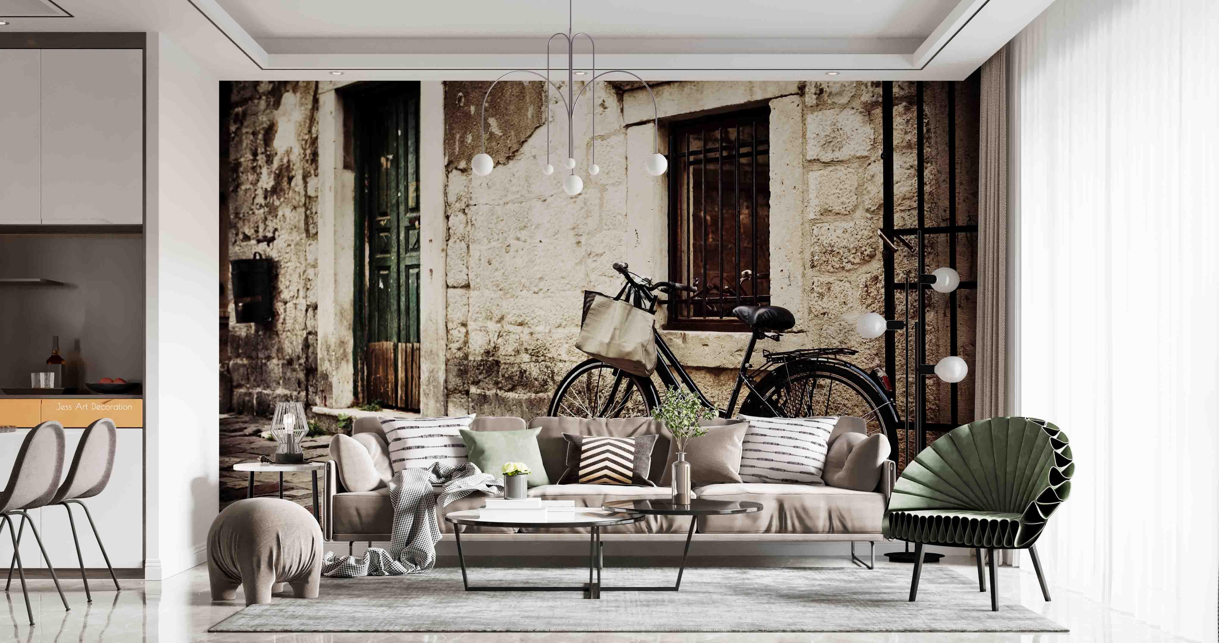 3D Nostalgic House Bicycle Bag Wooden Door Iron Railing Brick Floor Wall Mural Wallpaper GD 2471- Jess Art Decoration
