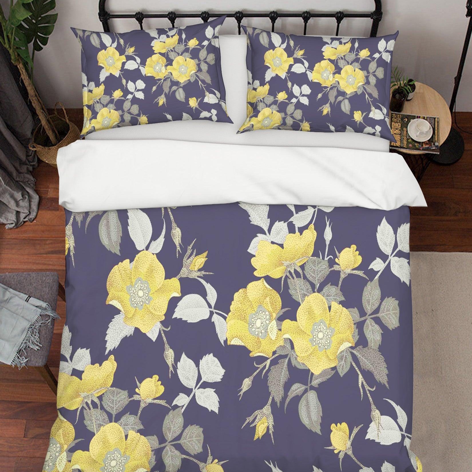 3D Yellow Floral Grey Quilt Cover Set Bedding Set Pillowcases 27- Jess Art Decoration