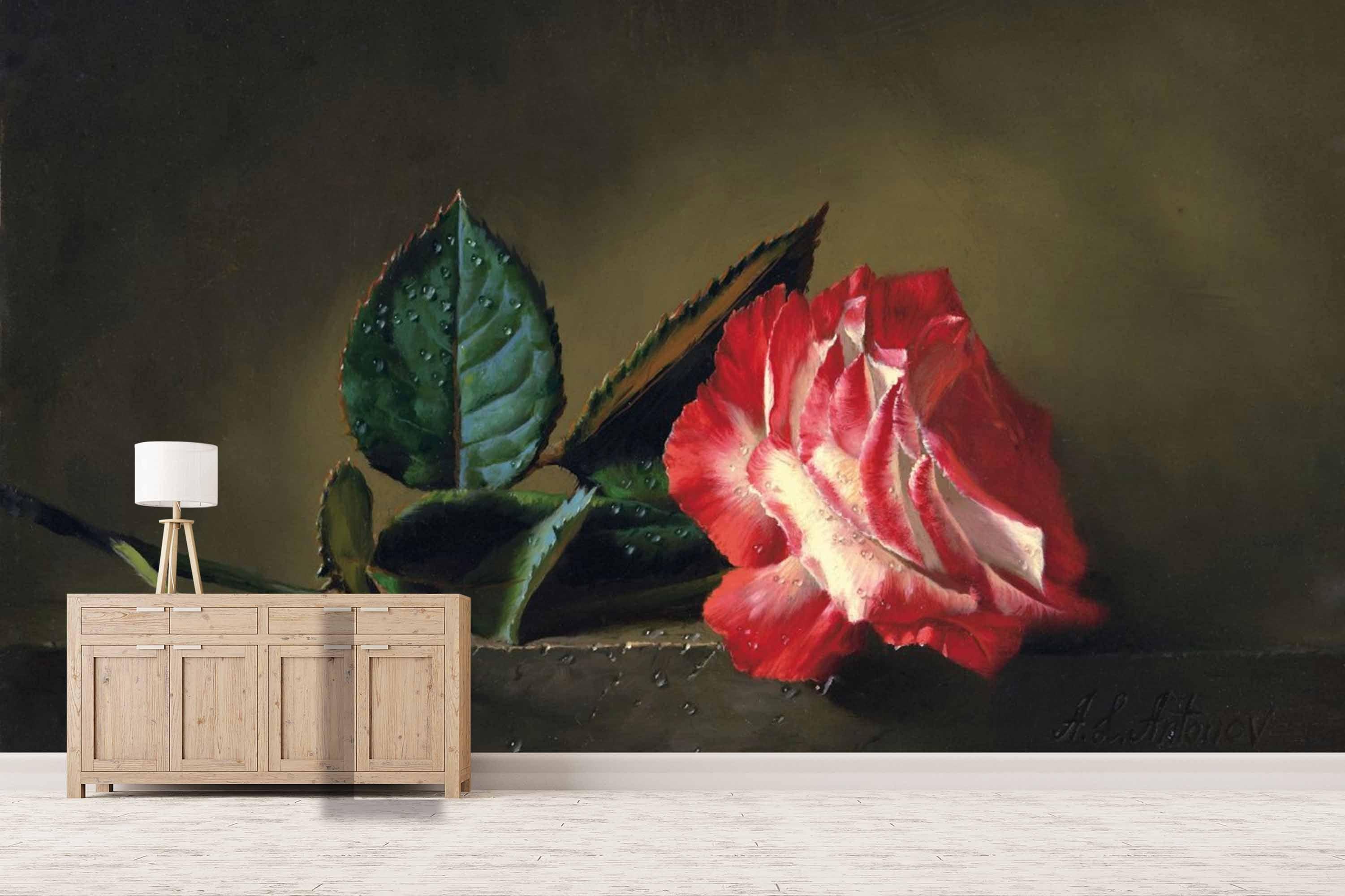 3D Red Floral Green Leaves Oil Painting Wall Mural Wallpaper 43- Jess Art Decoration