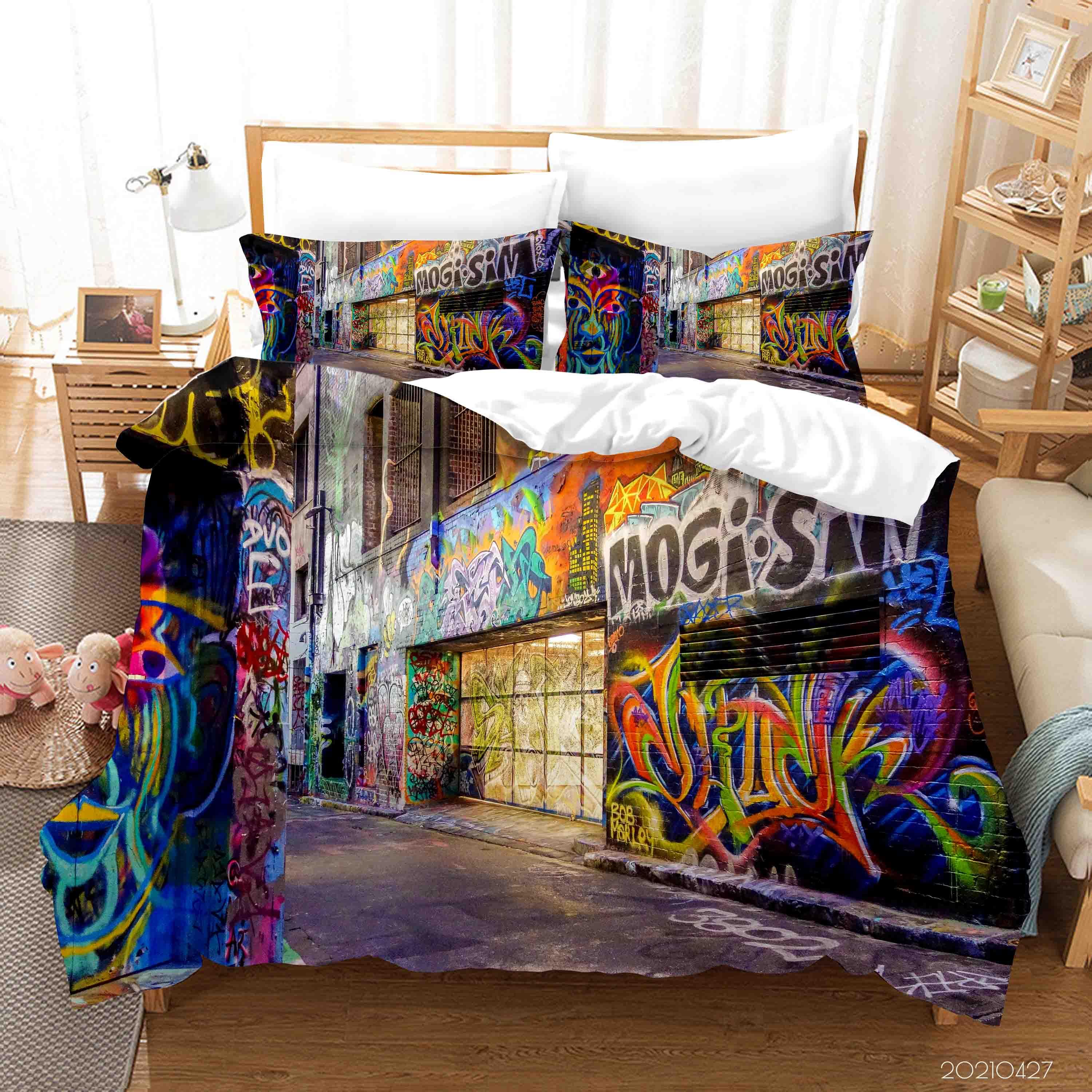 3D Abstract Colored Street Graffiti Quilt Cover Set Bedding Set Duvet Cover Pillowcases 134- Jess Art Decoration