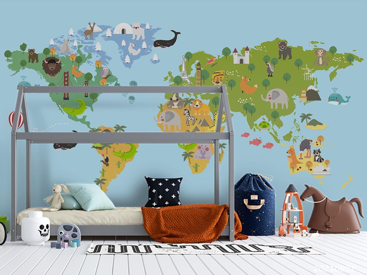 3D Blue World Map Kids Wall Mural Wallpaper LQH 153- Jess Art Decoration