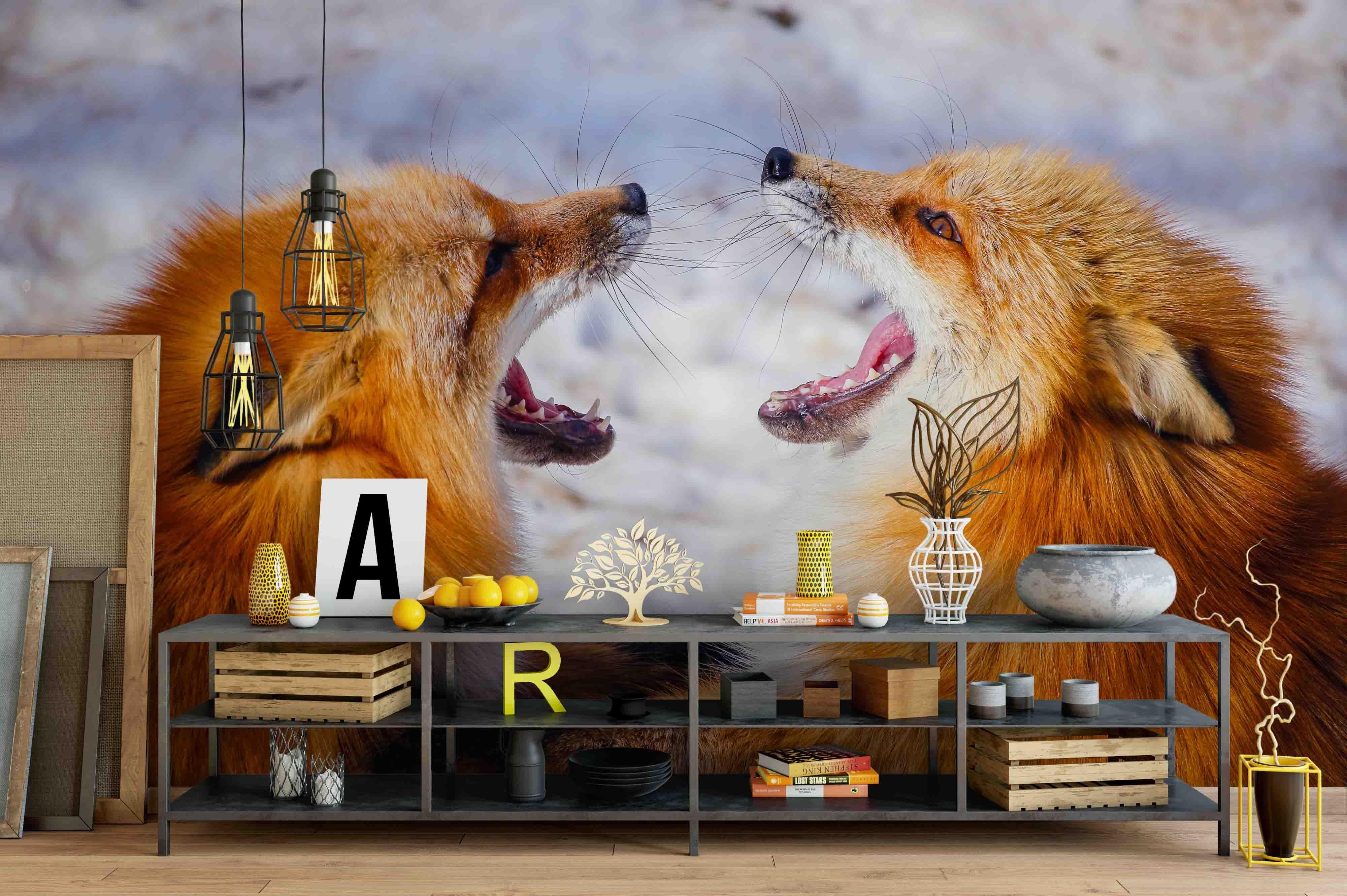 3D red foxes fighting wall mural wallpaper 54- Jess Art Decoration