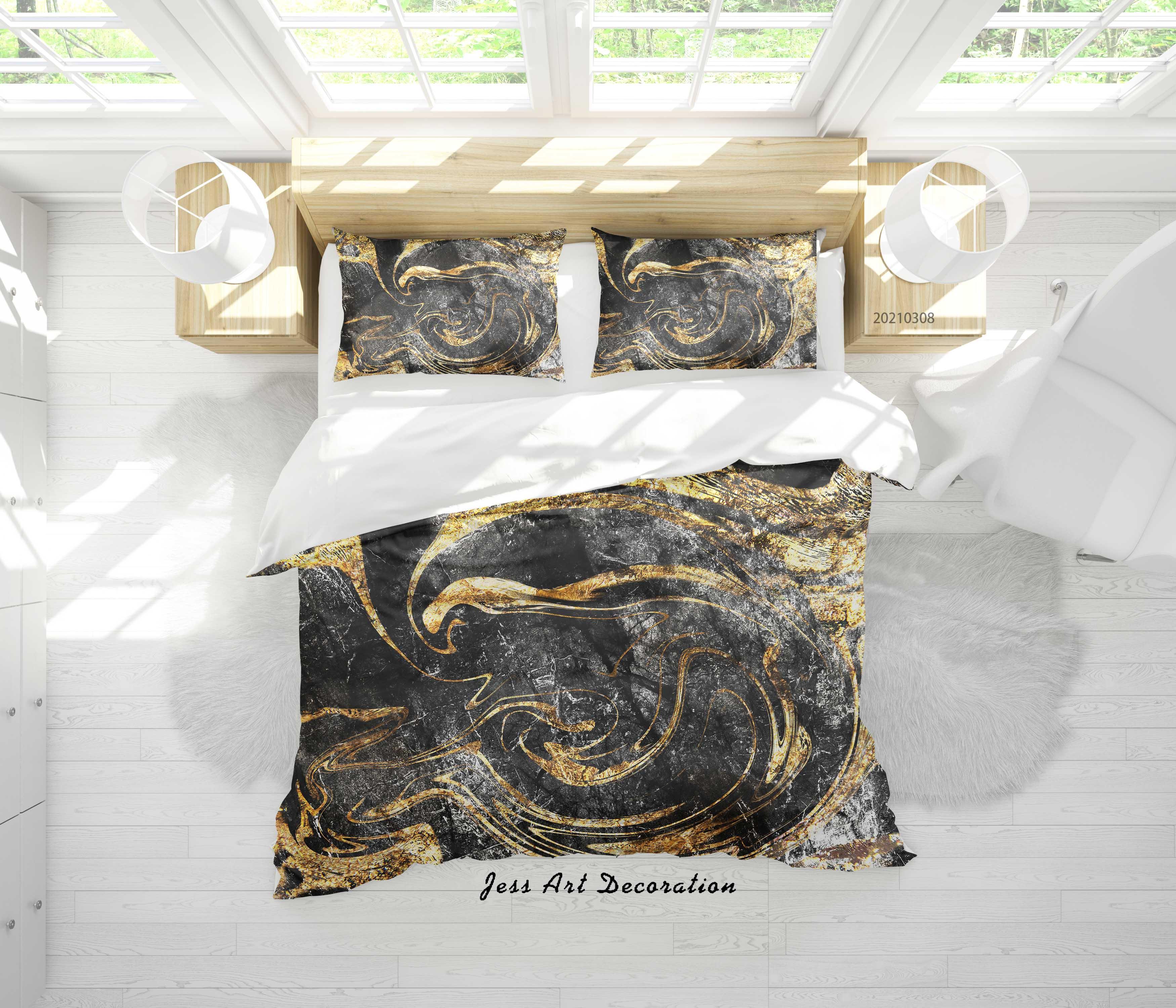 3D Abstract Black Gold Marble Quilt Cover Set Bedding Set Duvet Cover Pillowcases 299- Jess Art Decoration