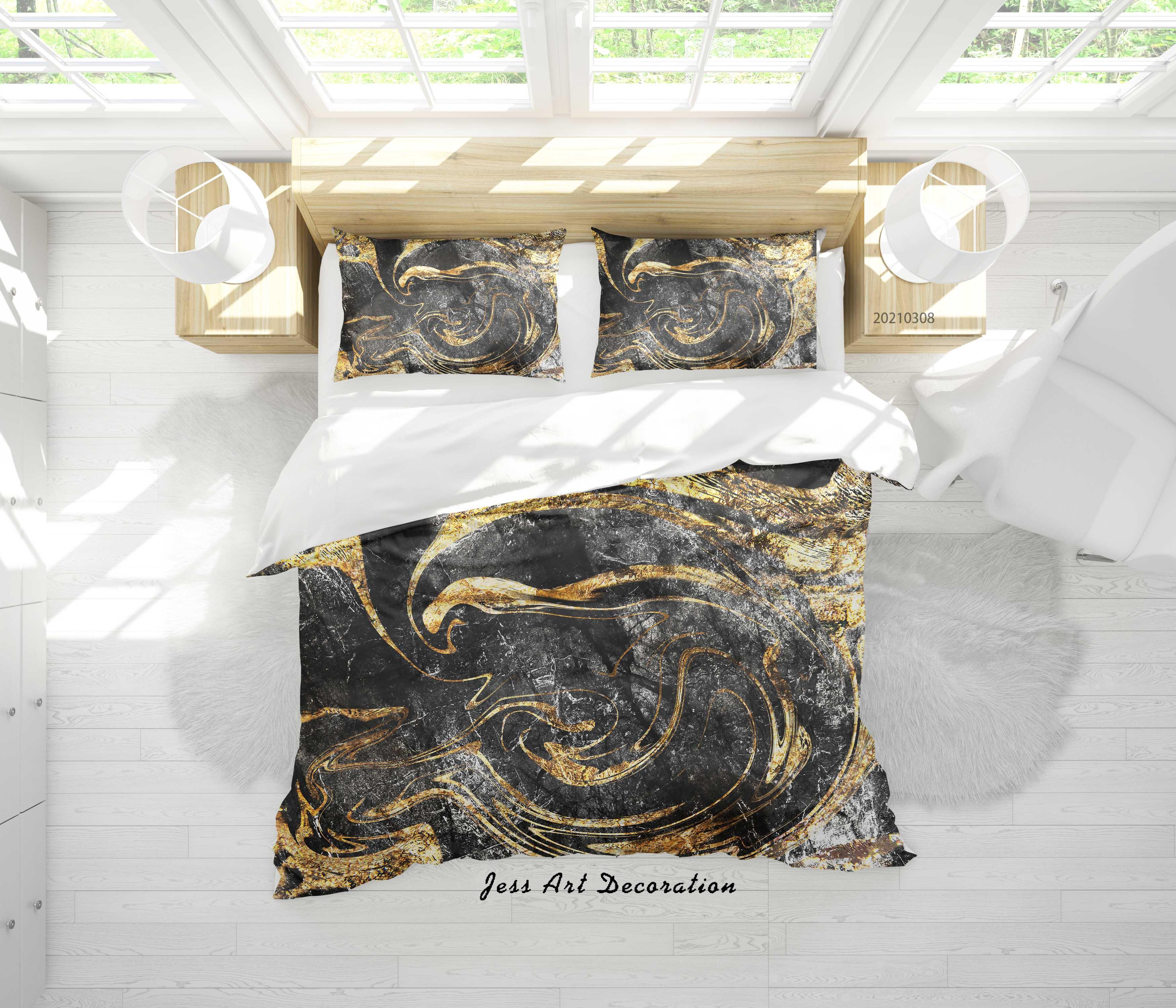 3D Abstract Black Gold Marble Quilt Cover Set Bedding Set Duvet Cover Pillowcases 299- Jess Art Decoration