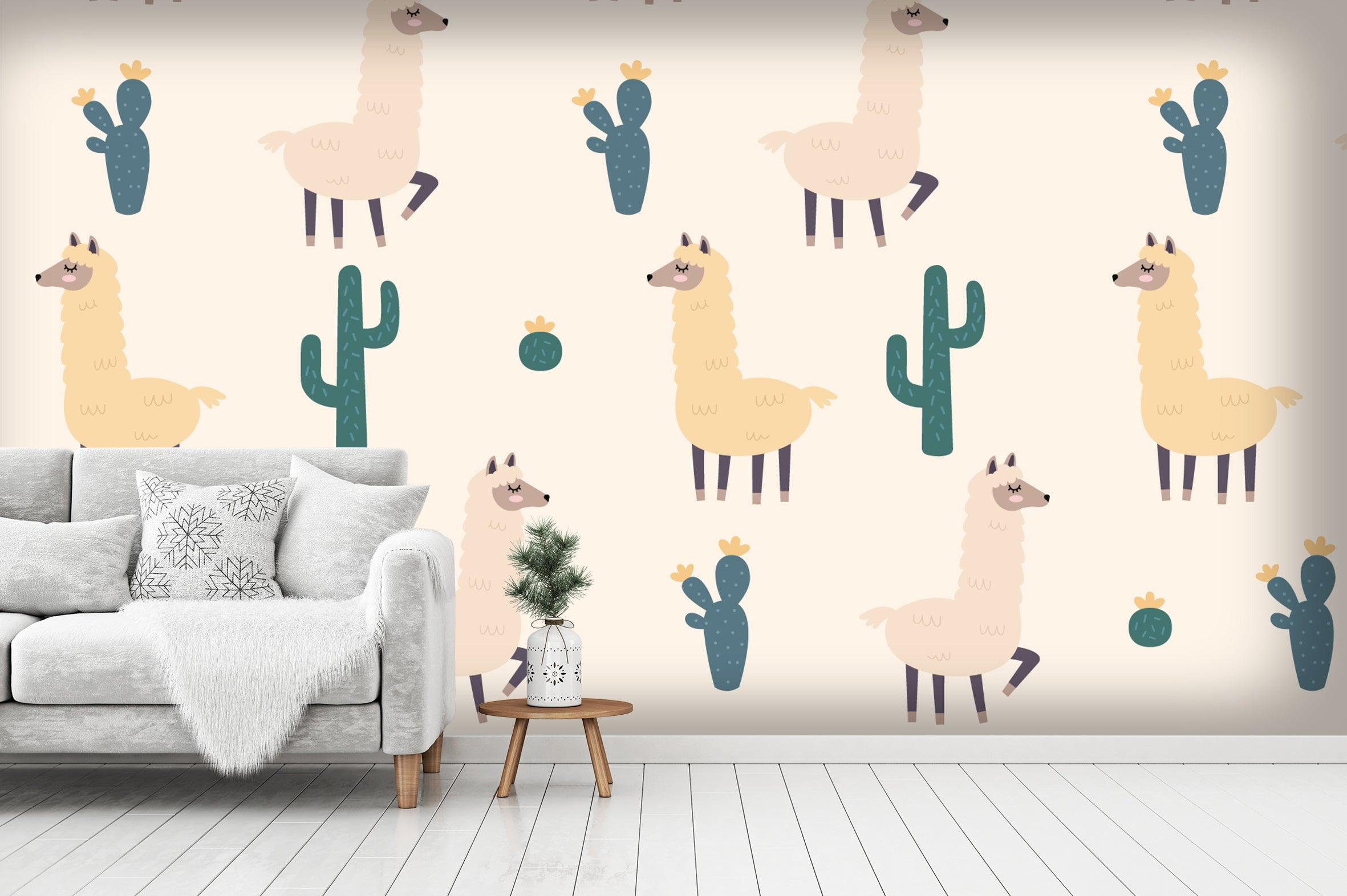 3D Cartoon Alpaca Cactus Wall Mural Wallpaper 33- Jess Art Decoration