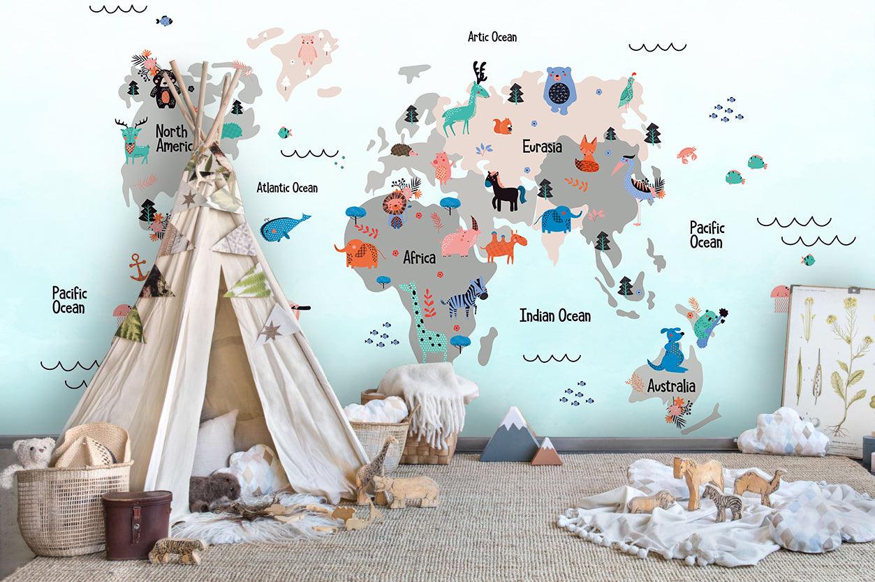 3D animals world map wall mural wallpaper 42- Jess Art Decoration