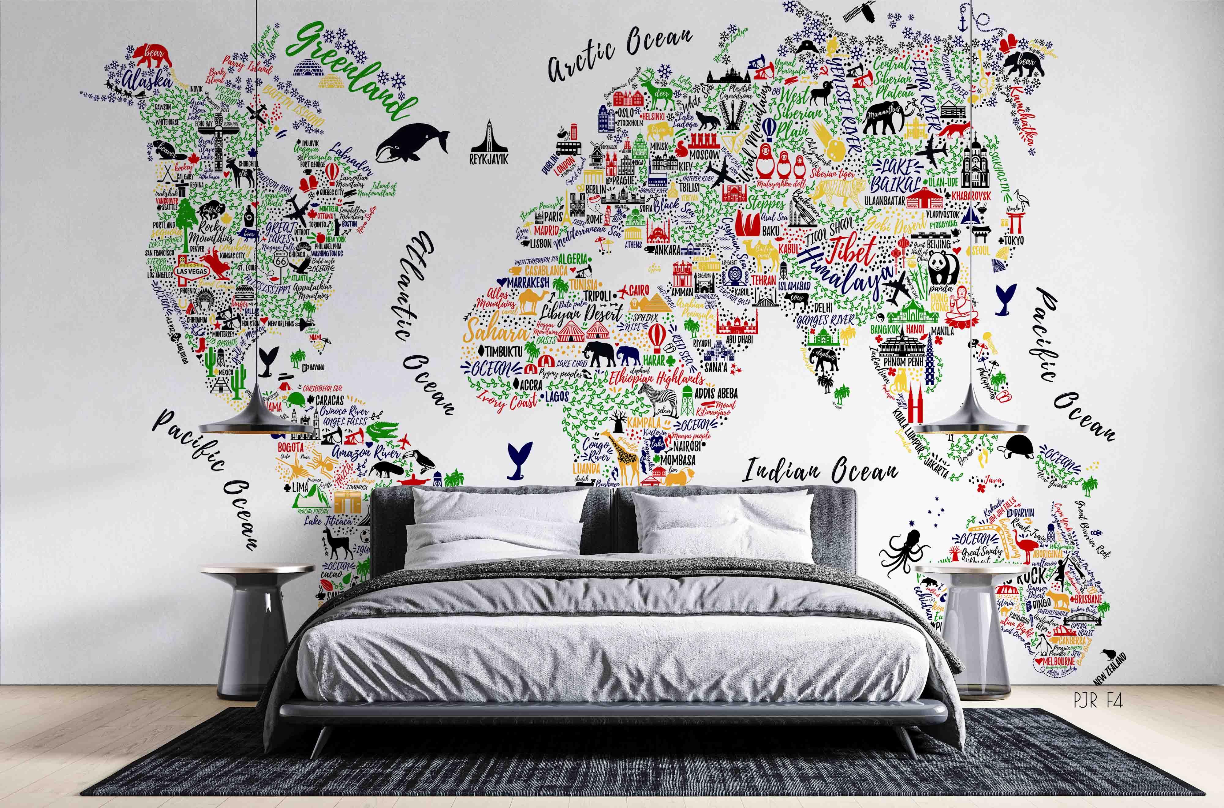 3D World Map Aninmal Wall Mural Wallpaper WJ 5249- Jess Art Decoration