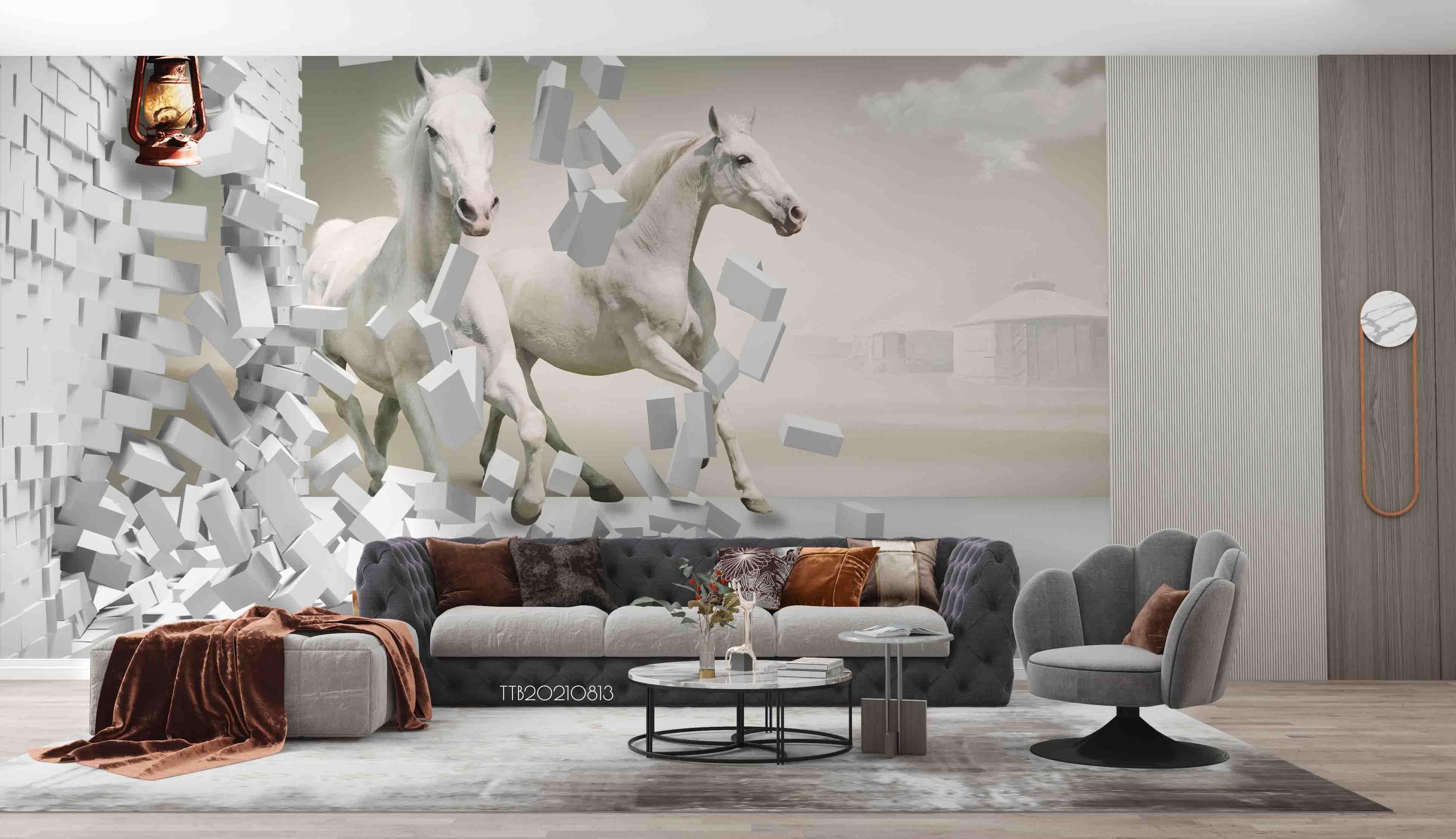 3D Stereo White Horse Brick Wall Mural WallpaperSWW5136- Jess Art Decoration