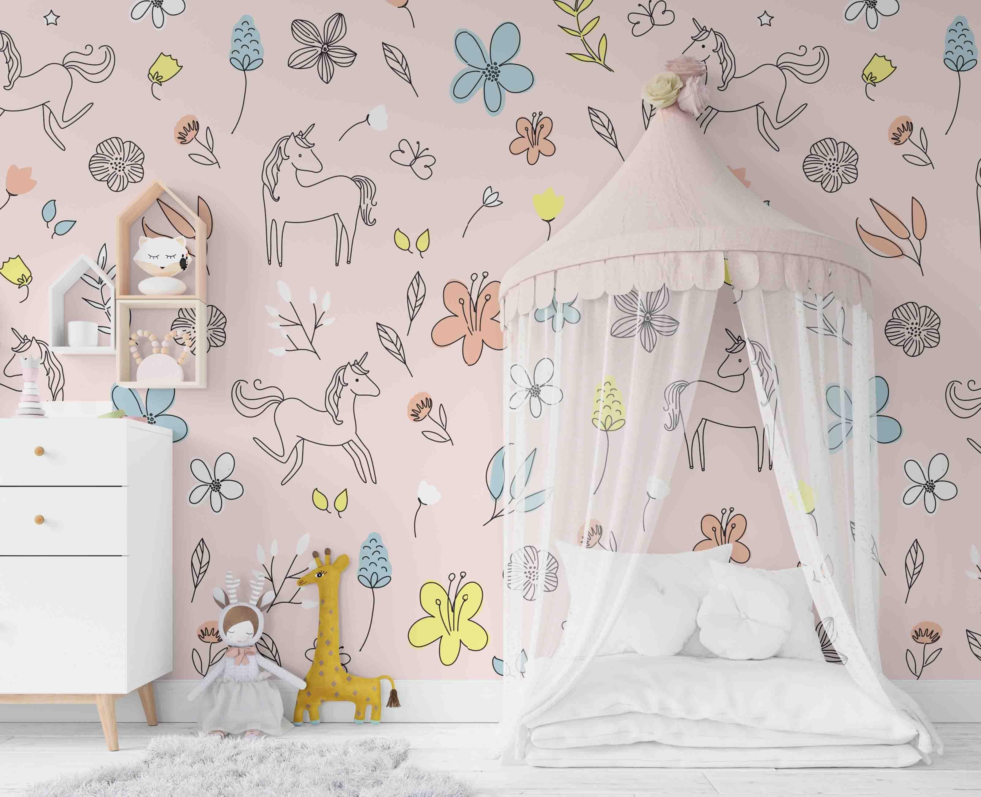 3D Pink Unicorn Floral Kids Wall Mural Wallpaper LQH 51- Jess Art Decoration